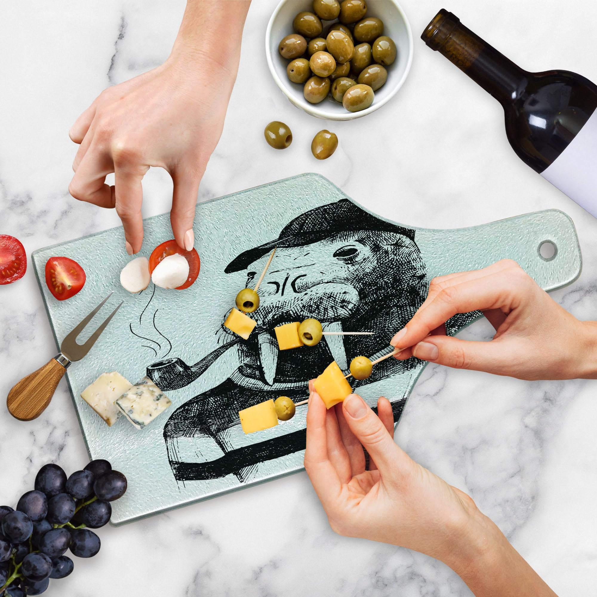 Ambesonne Indie Walrus Design Cutting Board - Hand Drawn Anthropomorphic Sketch Art - Tempered Glass Serving Board for Kitchen & Dining - Wine Bottle Shape - White & Black - Perfect for Cheese Platters, Charcuterie & Party Entertaining