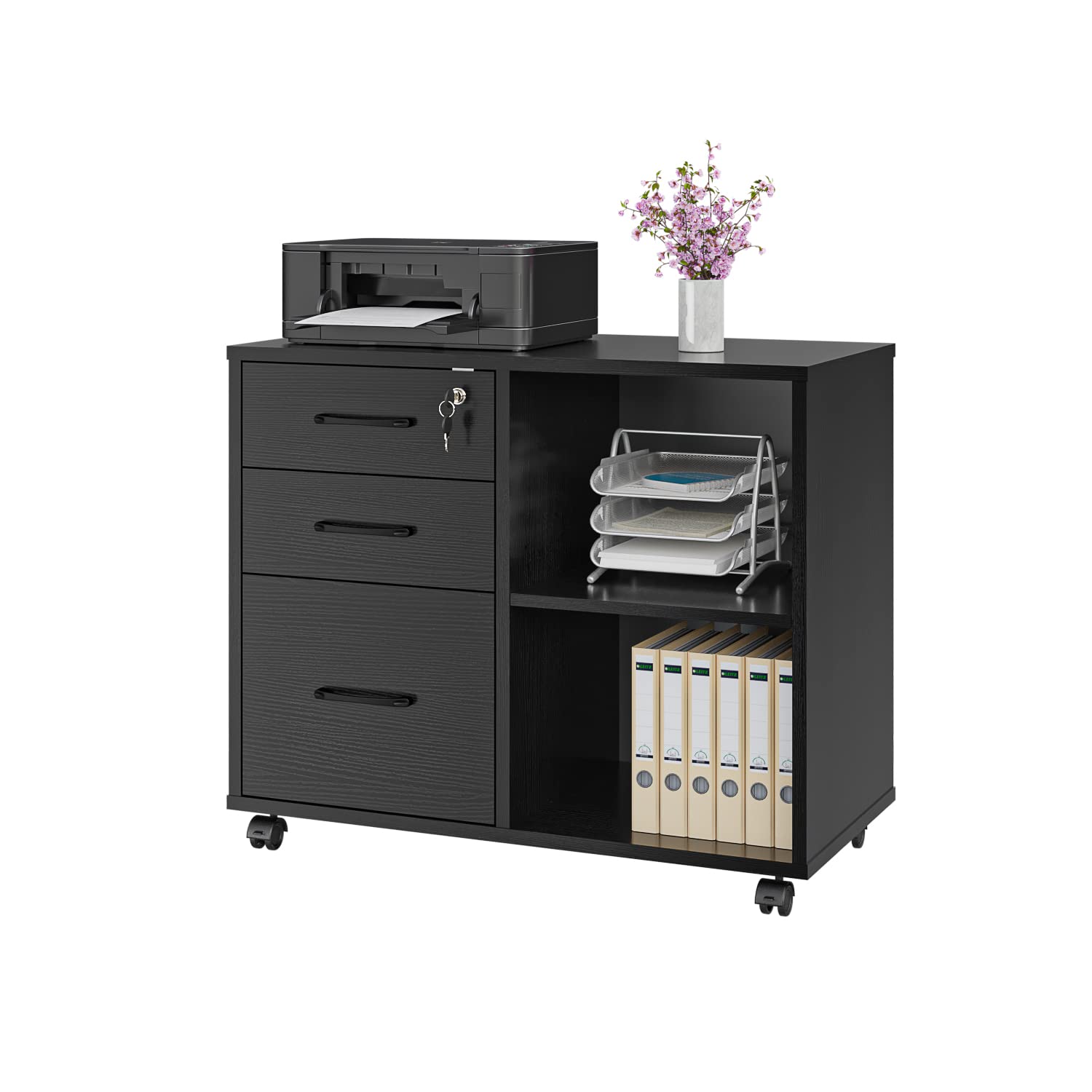 3-Drawer Mobile File Cabinet with Wheels - Black Lateral Printer Stand & Open Storage Shelf for Home Office Organization | Rolling Storage Solution for Documents, Supplies & Office Essentials