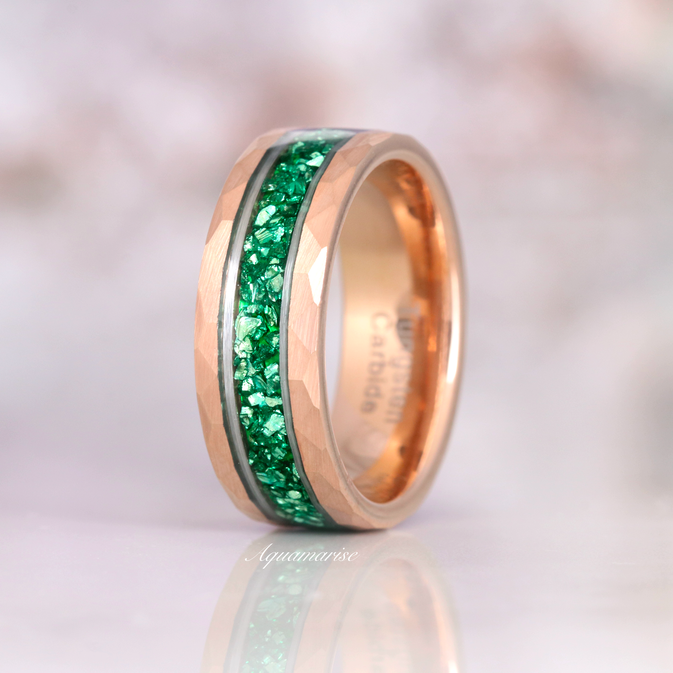 8MM Rose Gold Tungsten & Silver Strip Emerald Wedding Band for Men & Women - Durable & Hypoallergenic Ring for Engagement, Anniversary & Special Occasions