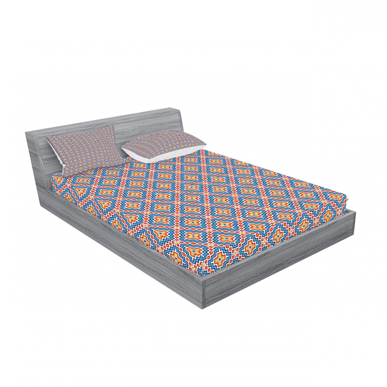 Ambesonne Aztec 2-Pack Full Size Fitted Sheet Set with 4 Pillow Shams - Classic Medieval Pattern Bedding in Apricot Red & Sky Blue - Soft Wrinkle-Resistant Sheets for Guest Rooms, Dorms & Bohemian Bedroom Decor