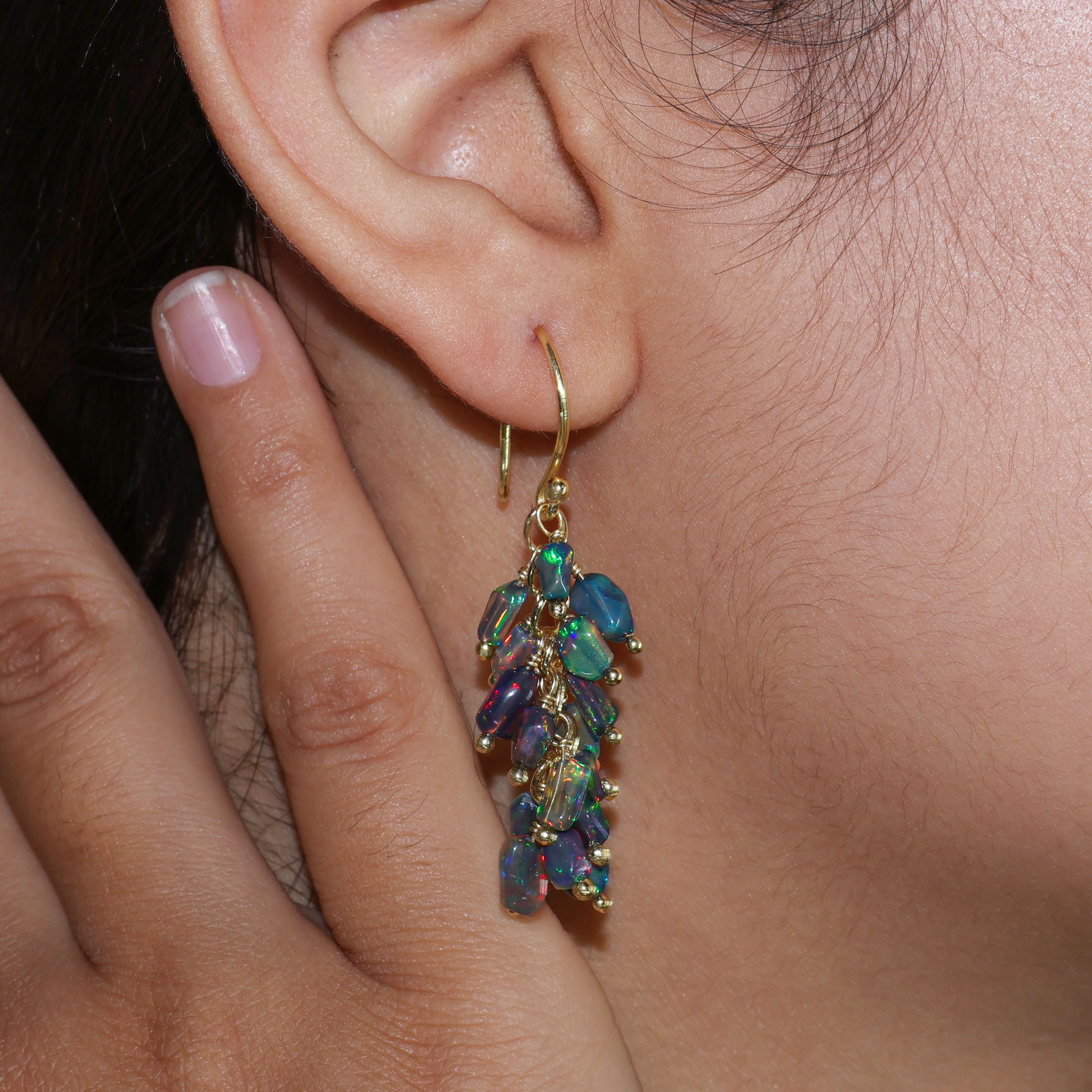Natural Black Opal Tumble Shape Beaded Cluster Earrings | Handmade Gemstone Jewelry for Women | Perfect for Weddings, Parties & Special Occasions