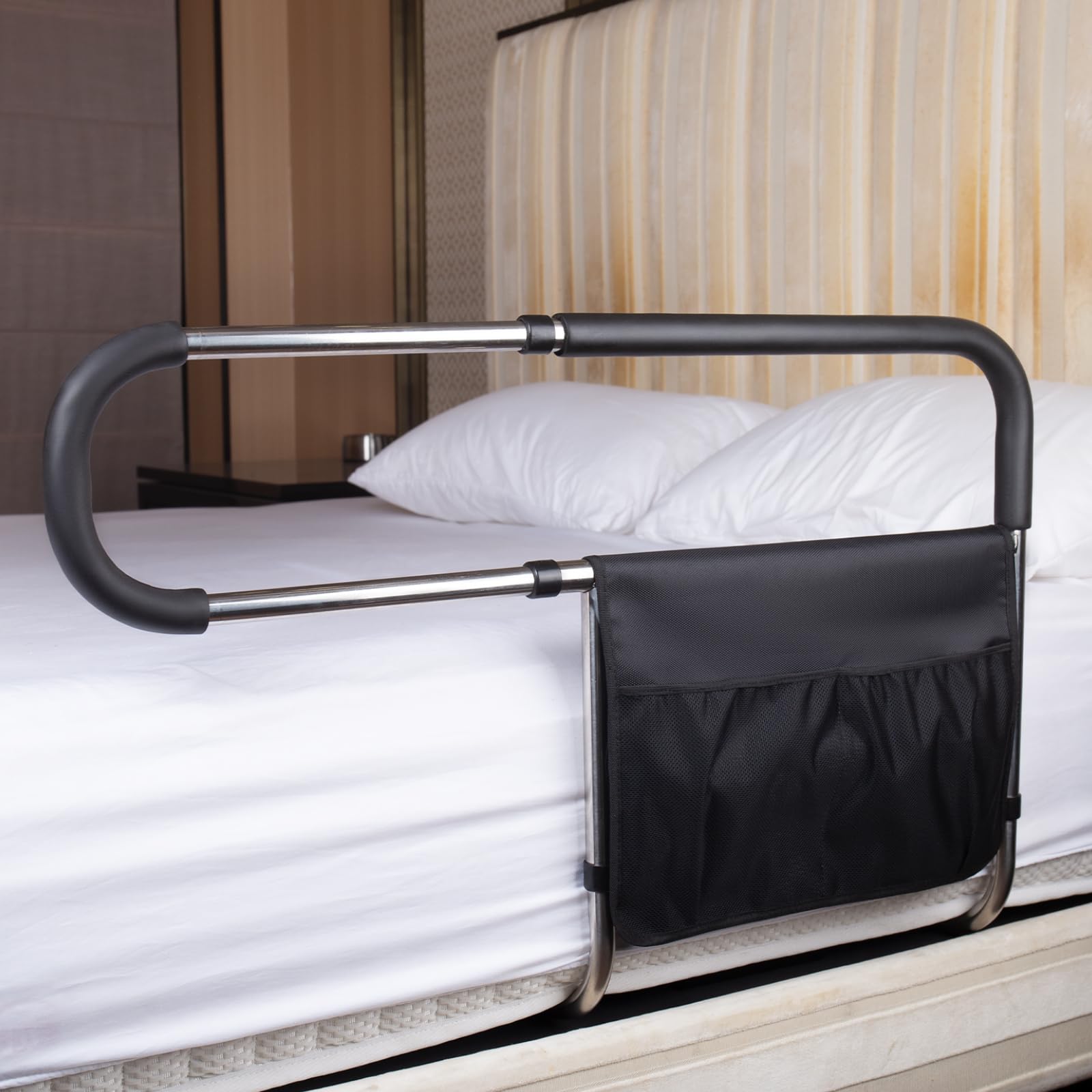 Stainless Steel Adjustable Bed Rails for Elderly Adults - Safety Bed Assist Handrail with Side Railings & Storage Pocket - Fall Prevention Grab Bar for Seniors - Fits King, Queen, Full & Twin Beds - Perfect for Home Care, Nursing Homes & Assisted Living Facilities
