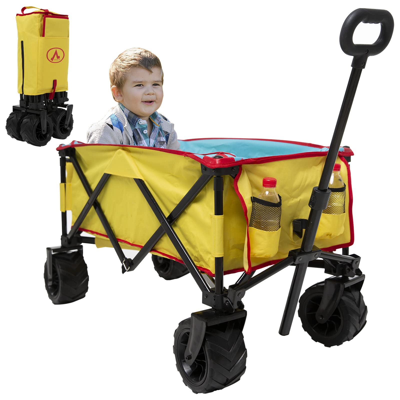 **CharaVector Heavy Duty Folding Wagon Cart with Large Sand Wheels, Cooler Bag, Cup Holders & Side Pocket – Collapsible Beach Wagon for Shopping, Camping, Picnics, Beach Trips & Outdoor Adventures**