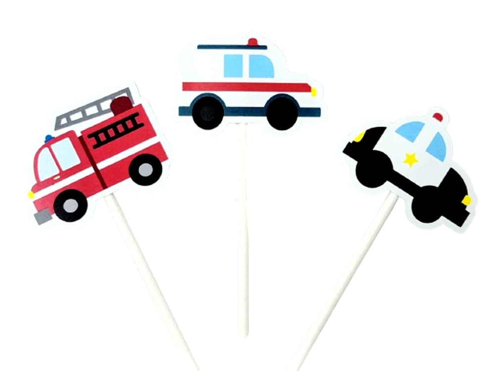 12-Pack Emergency Vehicle Cupcake Toppers - Fire Truck, Ambulance & Police Car Decorations for Birthday Parties, Baby Showers & Themed Events