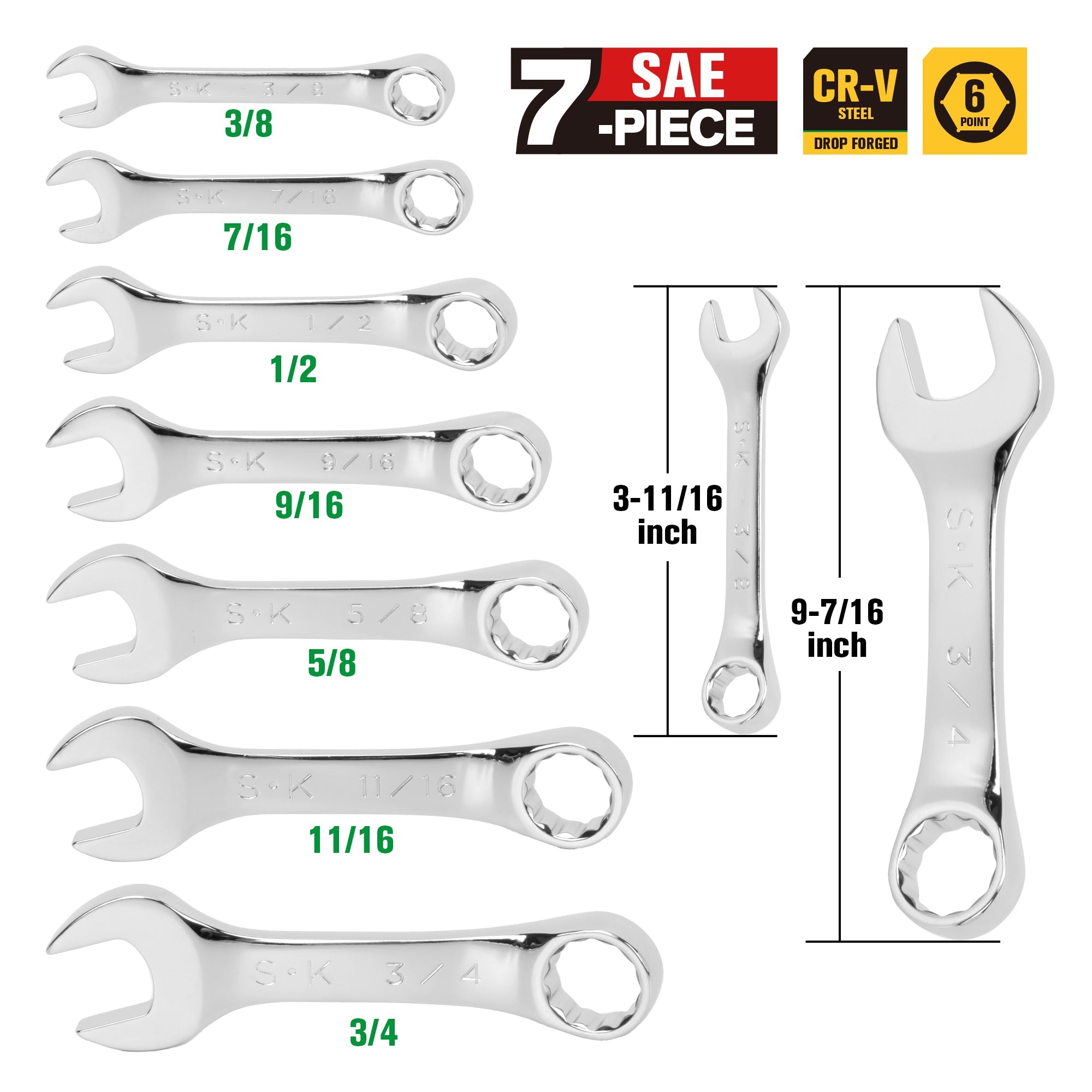 7 Piece 12 Point SAE Short SuperKrome® Combination Wrench Set - Professional Grade Tools for Automotive Repair & DIY Projects