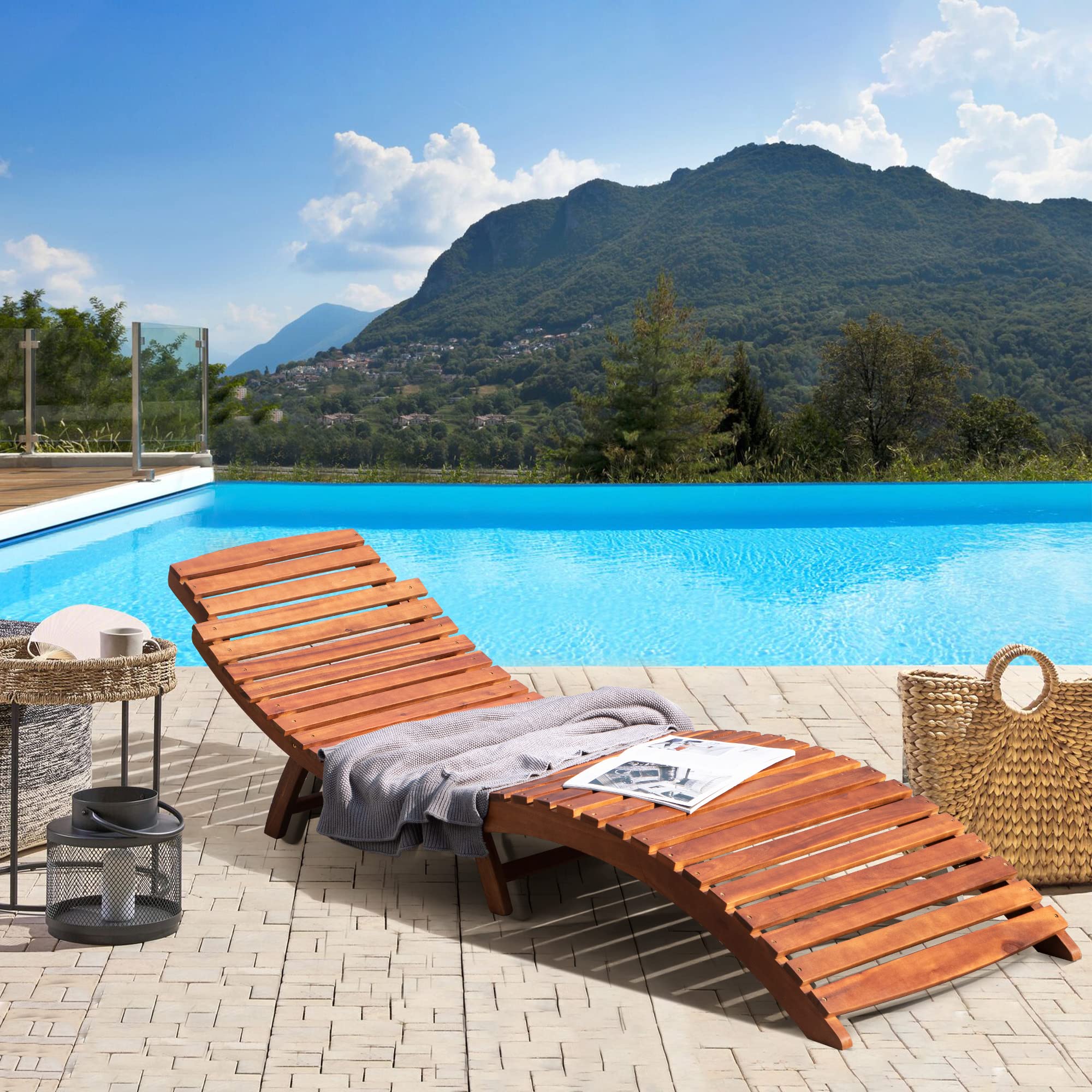 Devoko 2-Piece Outdoor Wooden Folding Chaise Lounge Chair Set - Waterproof Patio Poolside Sunbathing Chair for Backyard, Beach & Garden Relaxation