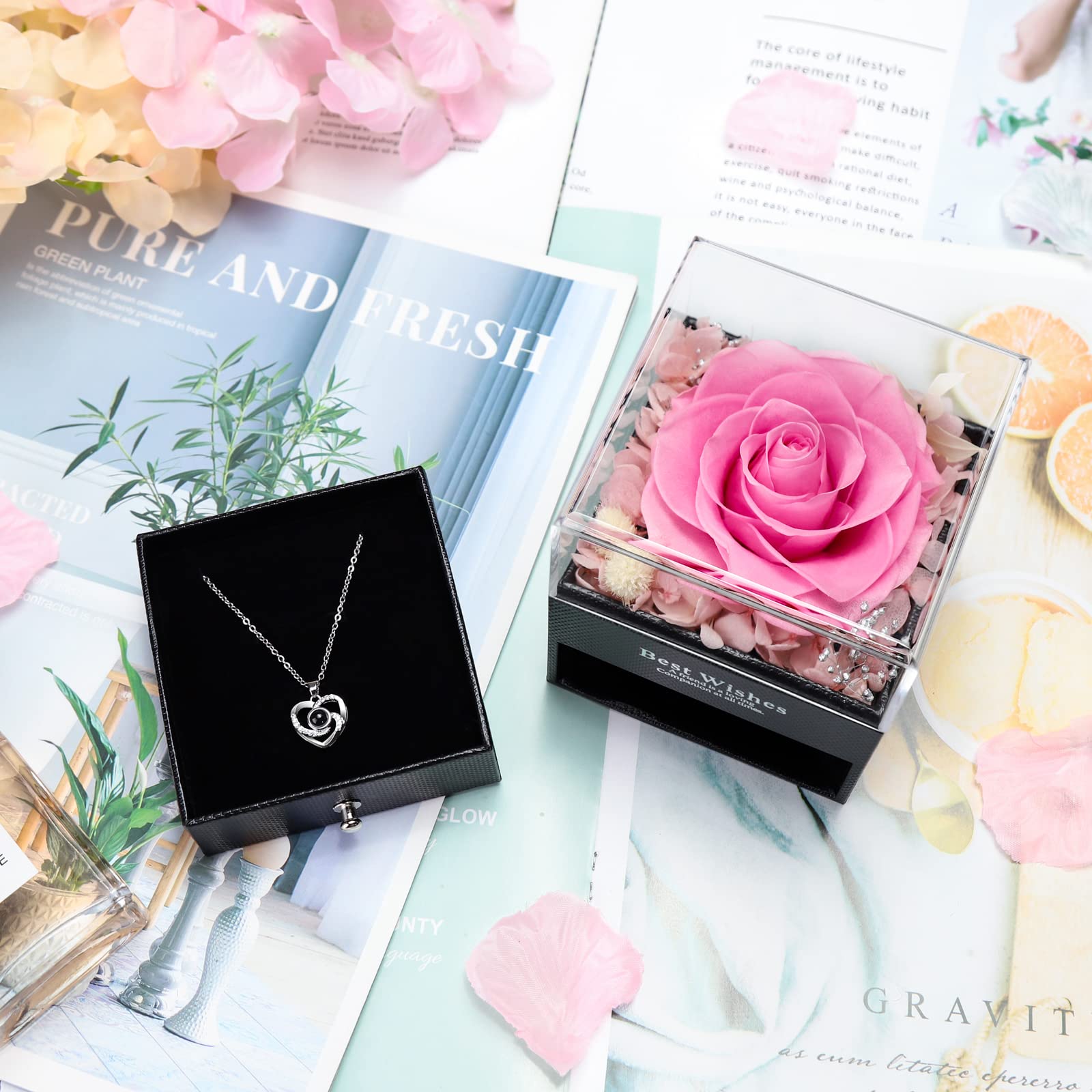 Eternal Preserved Rose Necklace - 'I Love You' in 100 Languages, Christmas Rose Flower Gift for Anniversary, Valentine's Day, Mother's Day & Birthday | Perfect Romantic Jewelry Gift for Wife, Girlfriend or Mom | Ideal for Date Nights, Proposals & Special Occasions
