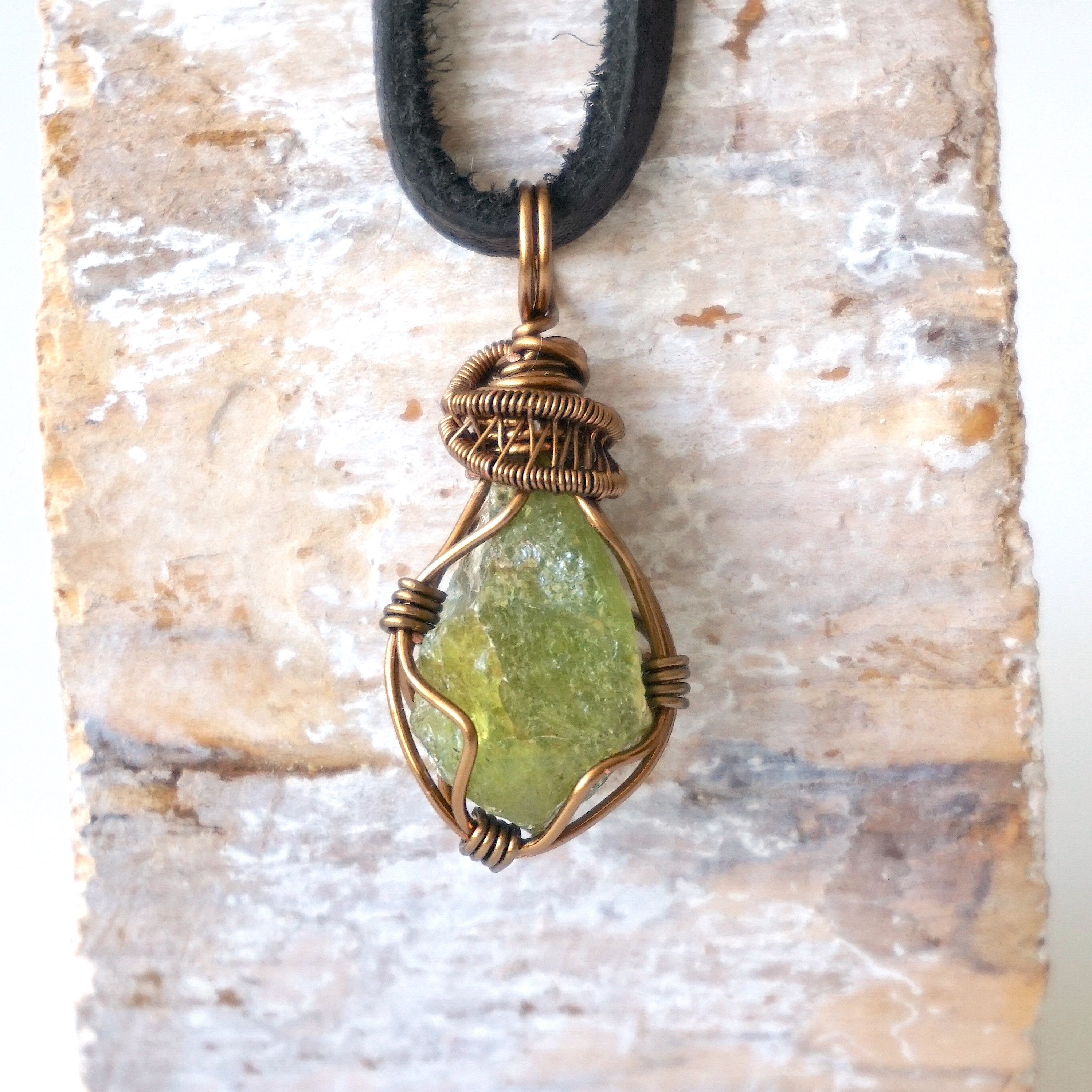 Antique Bronze Raw Peridot Necklace for Men - Genuine Leather Cord Jewelry Gift for Birthday, Anniversary & Special Occasions