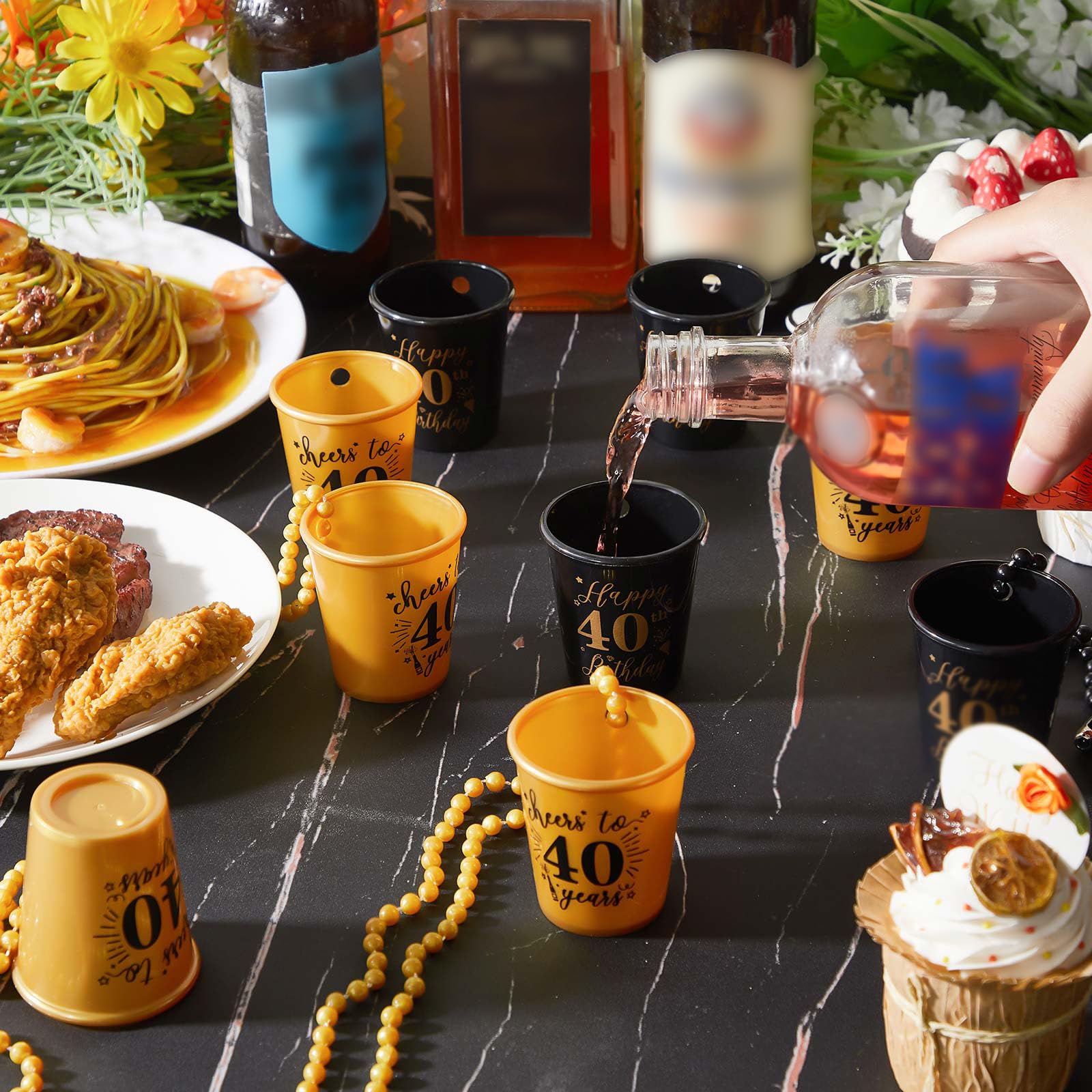 Sureio 24-Pack 40th Birthday Shot Glass Necklaces - Gold & Black Plastic Party Cups for Women & Men - Bulk Party Favors for Birthday Celebrations, Anniversaries & Special Events - Perfect for Themed Parties, Bar Mitzvahs & Cocktail Receptions