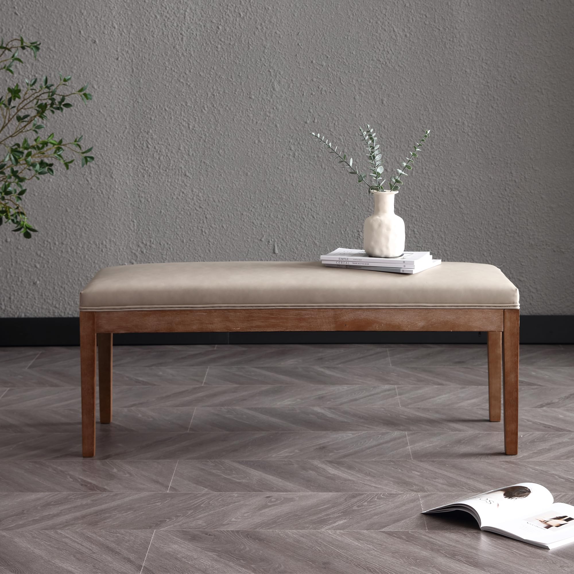 Modern Upholstered Entryway Bench with Wood Legs - Grey PU Leather Shoe Storage Bench for Hallway, Porch, Bedroom, Dining Room - Perfect for Entryway Seating, Shoe Storage, and Extra Dining Seating