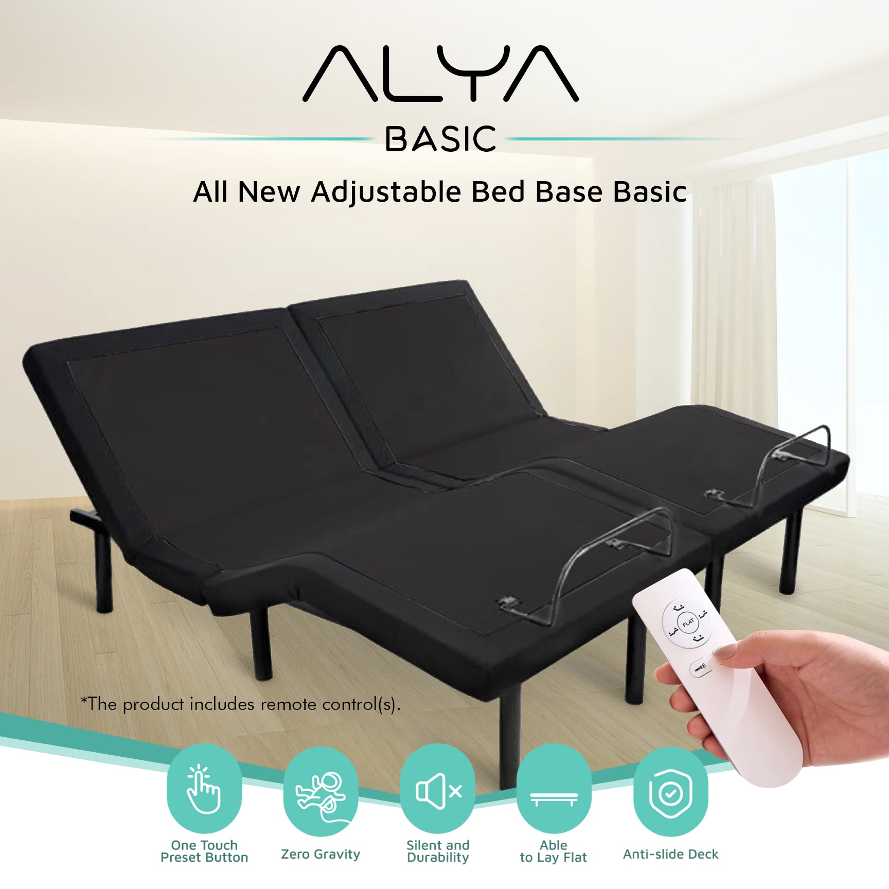 ALYA™ Adjustable Bed Base Basic - Queen Size Electric Adjustable Bed Frame with Remote Control for Home & Hospital Use - Perfect for Back Pain Relief, Reading, Watching TV, and Sleeping Comfort