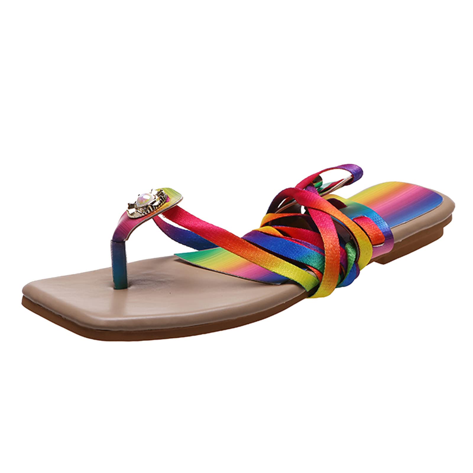 Women's Square Toe Flat Sandals - Comfortable Beach Sandals with Colorful Straps & Cork Wedge Sole | Perfect for Summer Vacation, Poolside, and Casual Outfits