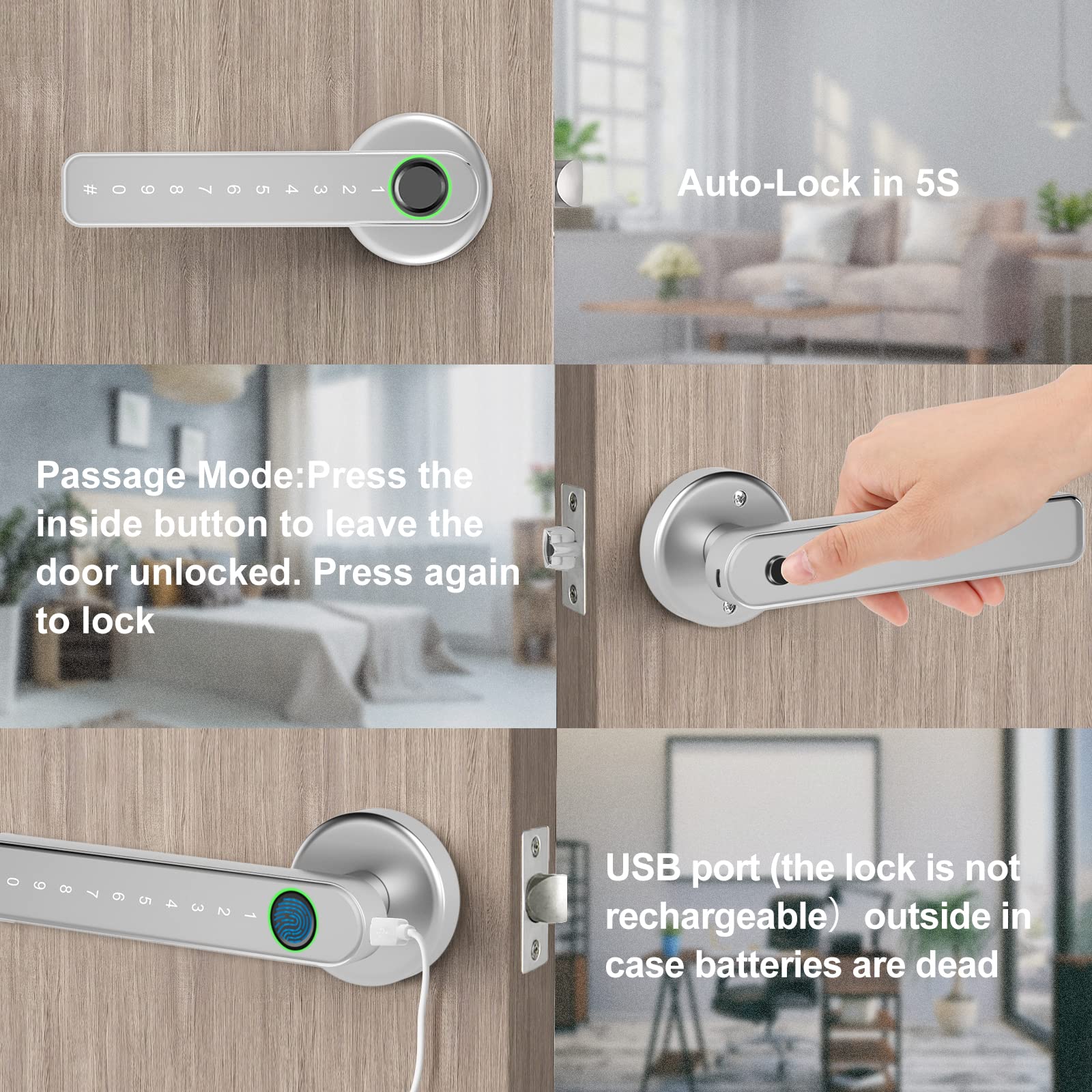 Smart Door Lock - Keyless Entry, Fingerprint & Bluetooth/WiFi App Control, Secure Digital Door Lock with Keypad & Handle for Front Door, Apartment, Office - Silver | Perfect for Home Security & Smart Access Control