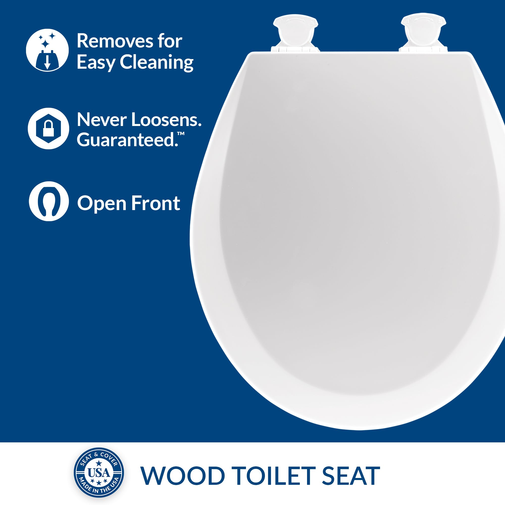 Mayfair 8440EC Open Front Toilet Seat with Lid - Easy Clean Hinges & Durable Wood Construction - Round White Bathroom Toilet Seat for Home, Hotel, and Commercial Use
