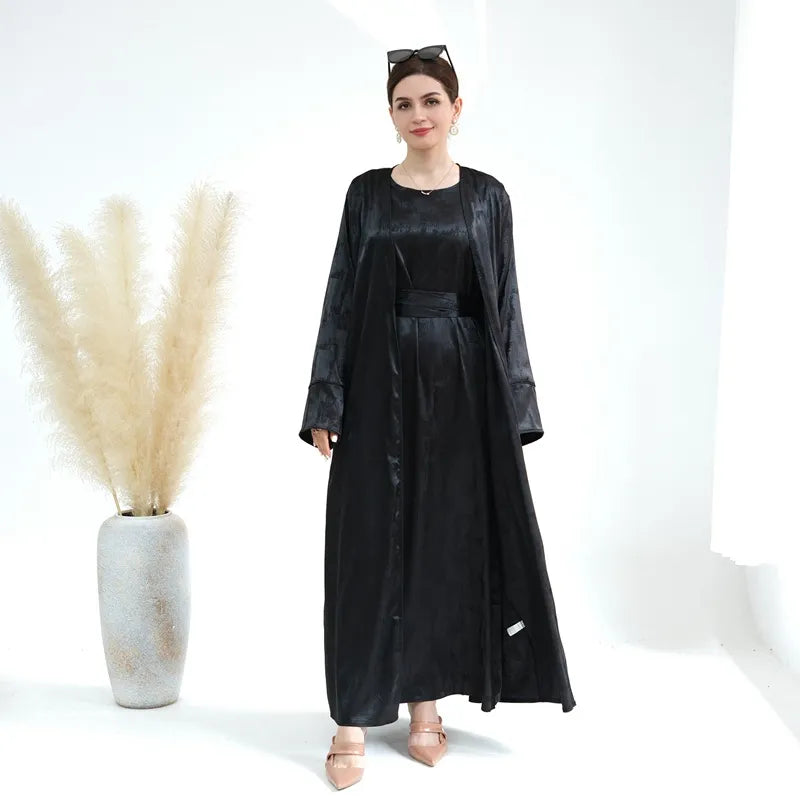 Elegant Jacquard Satin 2-Piece Muslim Women's Open Abaya Dress Set - Perfect for Prayer, Eid, and Special Occasions