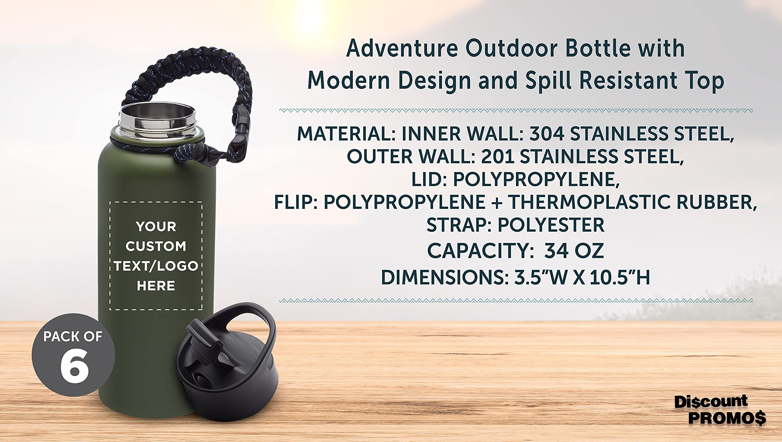 6 Pack 34oz Stainless Steel Water Bottles with Strap - Custom Text & Logo - Double Wall Vacuum Insulated - Army Green - Perfect for Gym, Hiking, Camping & Outdoor Activities