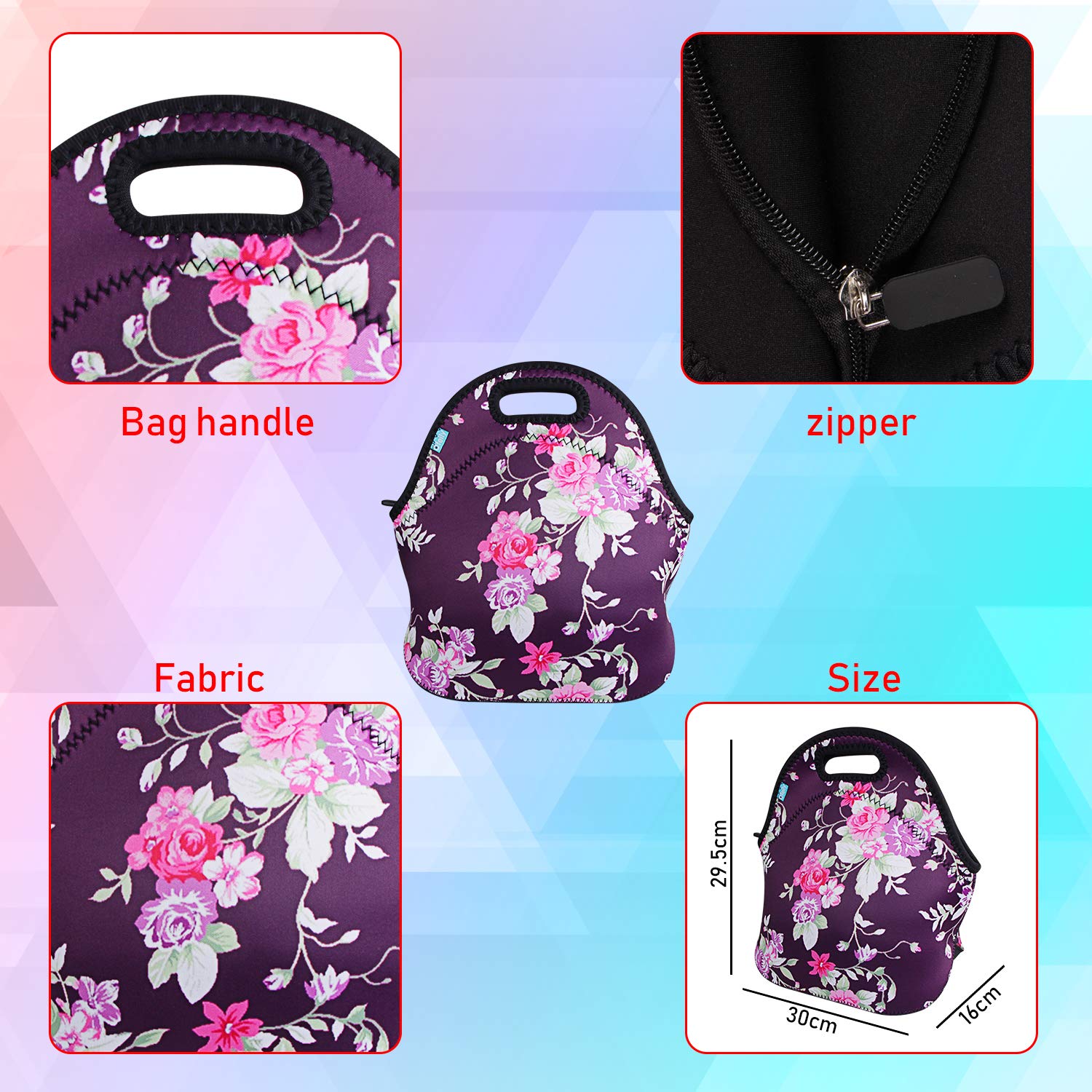 Insulated Neoprene Lunch Tote Bag - Waterproof Picnic Lunch Box for Women & Moms, Reusable Food Container with Thermal Protection (Floral Purple Design) - Perfect for Work, School, Outdoor Activities and Daily Commute