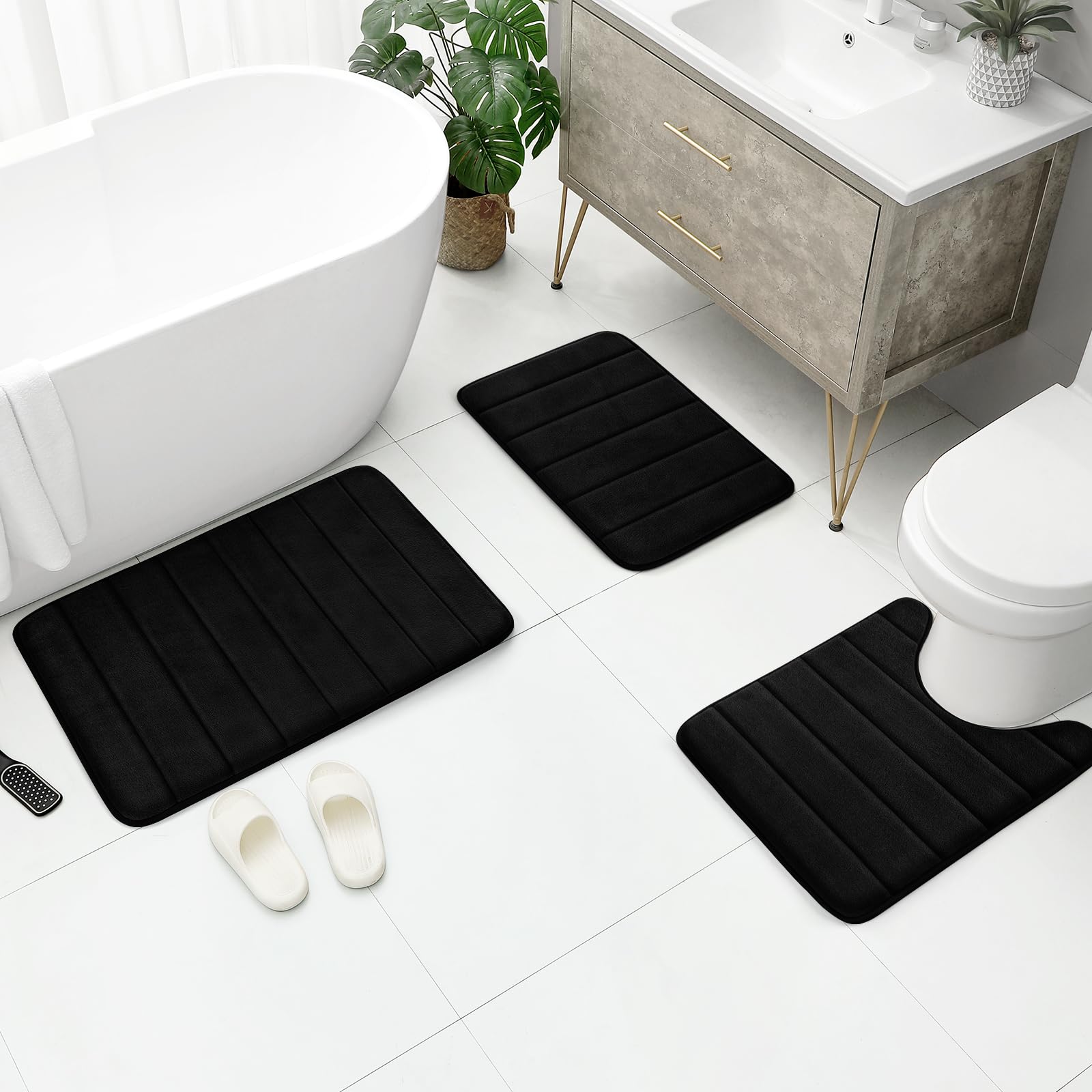 BYSURE 3-Piece Black Memory Foam Bathroom Rug Set - Non-Slip, Super Soft & Absorbent, Machine Washable Bath Mats for Toilet & Shower - Perfect for Bathroom Safety and Comfort
