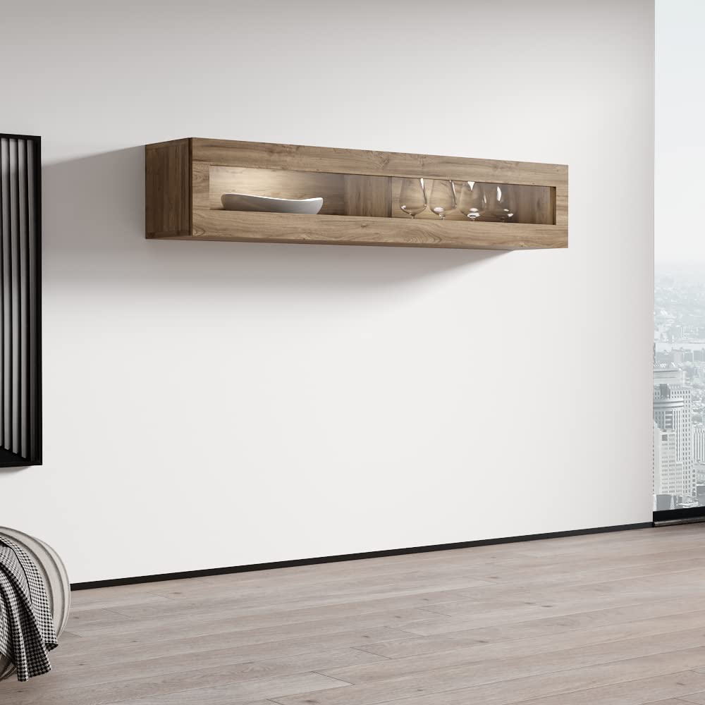 Modern Floating Media Cabinet with LED Lights - Durable Wooden Wall-Mounted Storage Unit - High Gloss Finish Oak TV Stand for Living Room & Bedroom - Perfect for Organizing Electronics & Home Decor