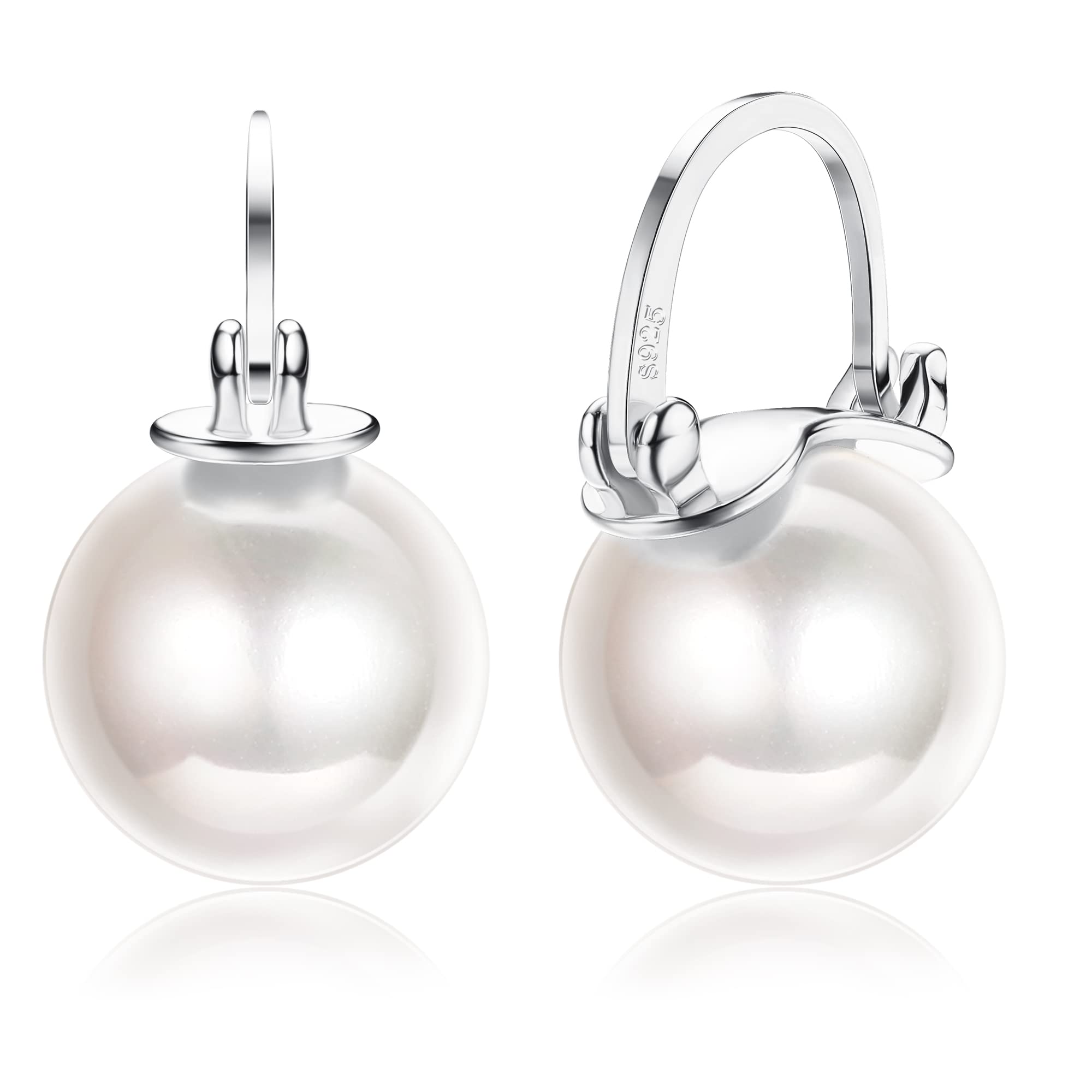 Sllaiss 925 Sterling Silver Pearl Hoop Earrings for Women - Dangle Pearl Drop Earrings with AAA Cubic Zirconia - Elegant Huggie Hoop Jewelry for Anniversary, Christmas & Special Occasions (12mm Large Size) - Perfect for Weddings, Parties & Everyday Wear