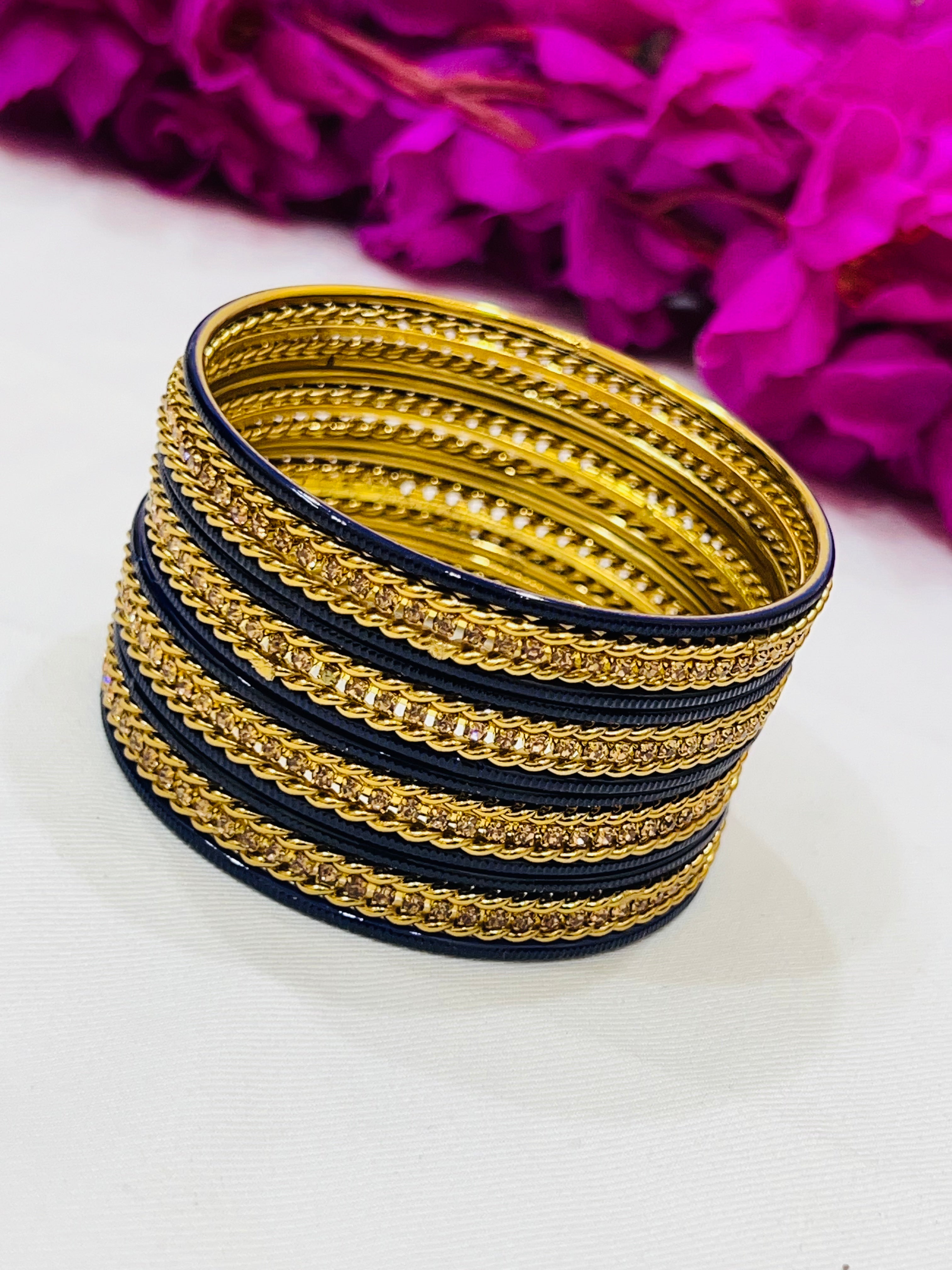 Exquisite Navy Blue Metal Bangles with Golden Stone for Women - Elegant Jewelry for Parties, Weddings & Everyday Wear