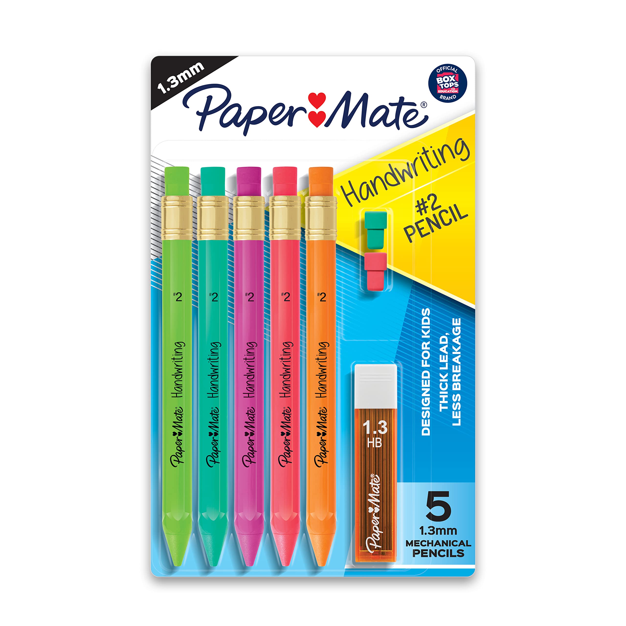 Paper Mate Triangular Mechanical Pencils 1.3mm - 5-Pack with Refills for Kids Writing & Drawing