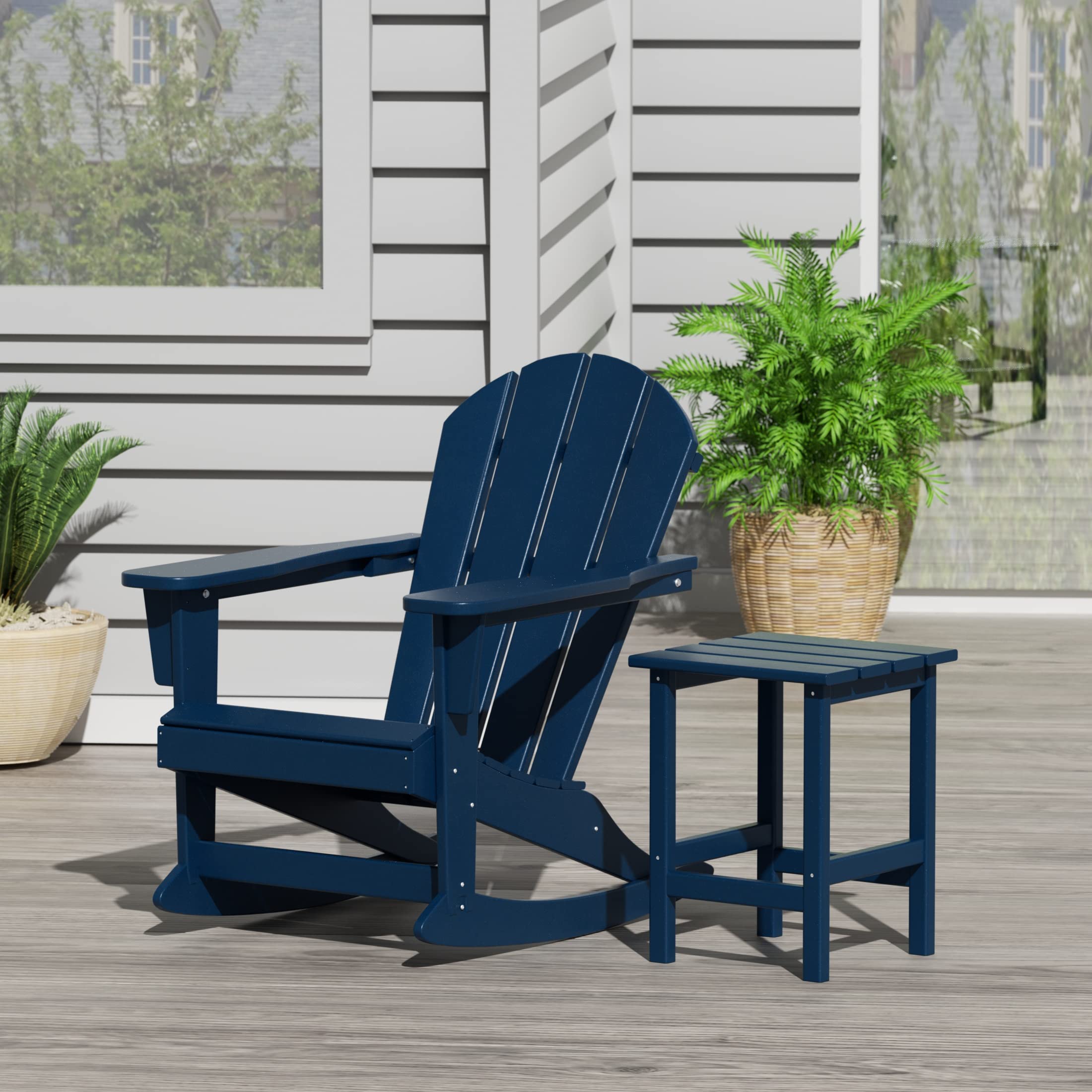 WestinTrends Malibu 3-Piece Outdoor Rocking Chair Set - All-Weather Poly Lumber Patio Furniture, Navy Blue Adirondack Rocking Chairs (Set of 2) with Side Table - Perfect for Porch, Garden, Backyard & Poolside Relaxation