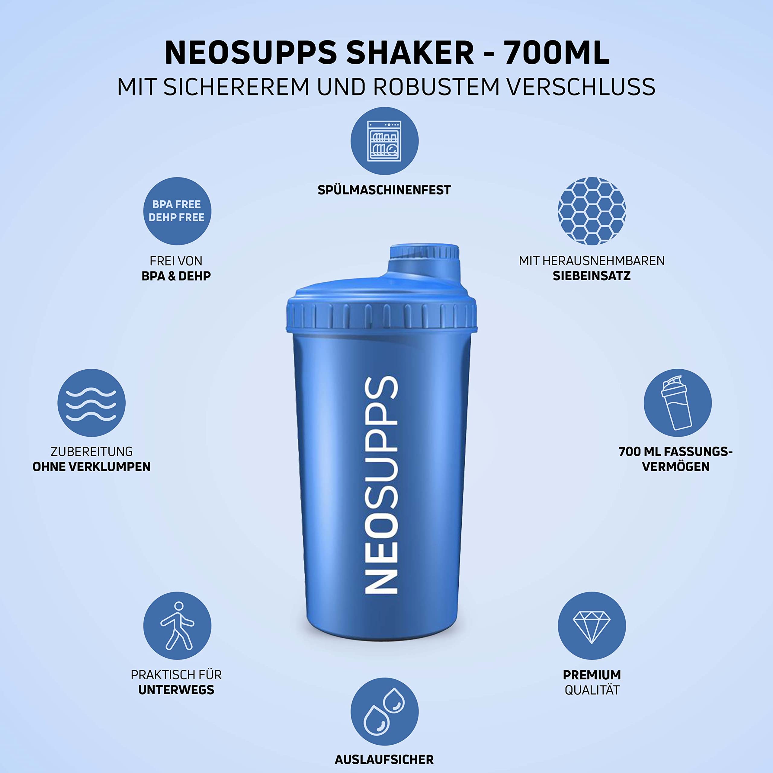 Premium Neosupps Protein Shaker Bottle - 700ml Leak-Proof Gym & Fitness Shaker Cup for Protein Powder, Pre-Workout & Smoothies - Ideal for Bodybuilding, Weight Loss & Post-Workout Recovery - Blue