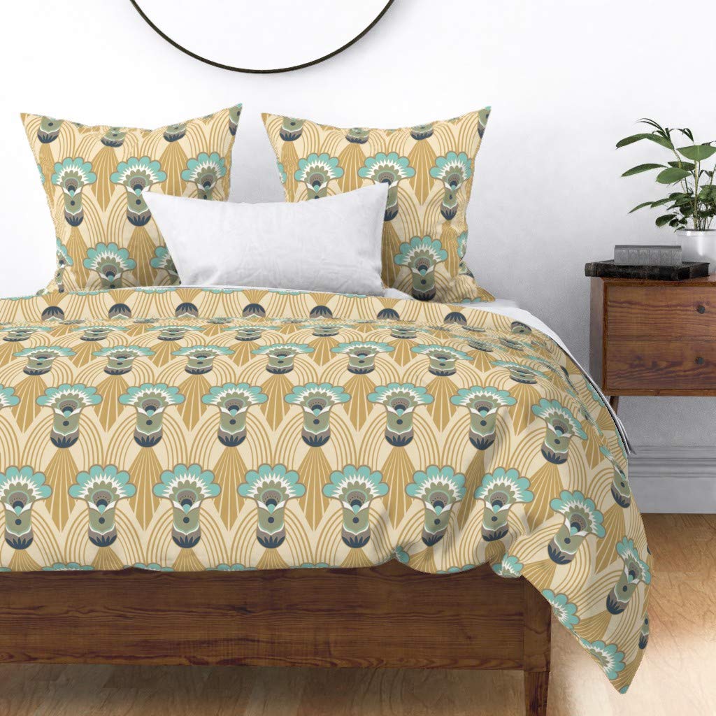 Egyptian Art Deco Floral Ogee Vintage Cotton Sateen Duvet Cover - King/California King Size, Custom Printed Bedding for Luxurious Bedroom Decor | Perfect for Master Bedroom, Guest Room & Vintage Style Home Decor