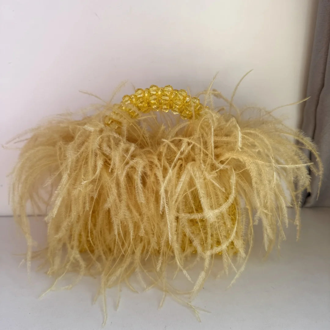 Handmade Designer Pearl Bead Bag with Feather Fur Trim - Elegant Acrylic Crystal Stone Evening Tote Clutch for Women | Perfect for Parties, Weddings & Special Occasions