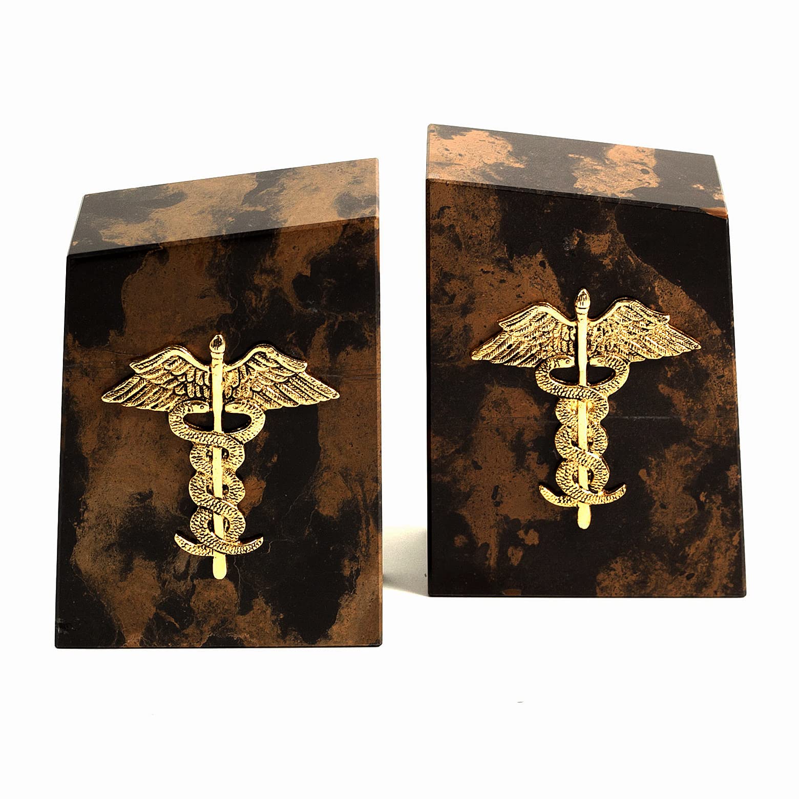Caduceus Tiger Eye Marble Bookends for Medical Office Decor - Unique Doctor Gifts for Graduation, Retirement & Appreciation - Perfect for Bookshelves, Desks & Hospital Decorations