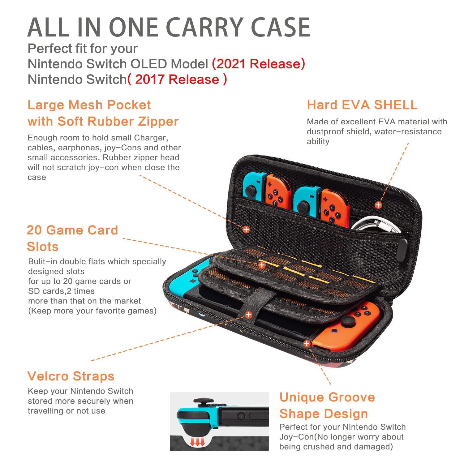 Nintendo Switch OLED & 2017 Model Protective Hard Shell Case - Shockproof Travel Storage Bag with 20 Game Card Slots for Switch Console & Joy-Con Accessories | Perfect for Women, Girls & Gaming on the Go