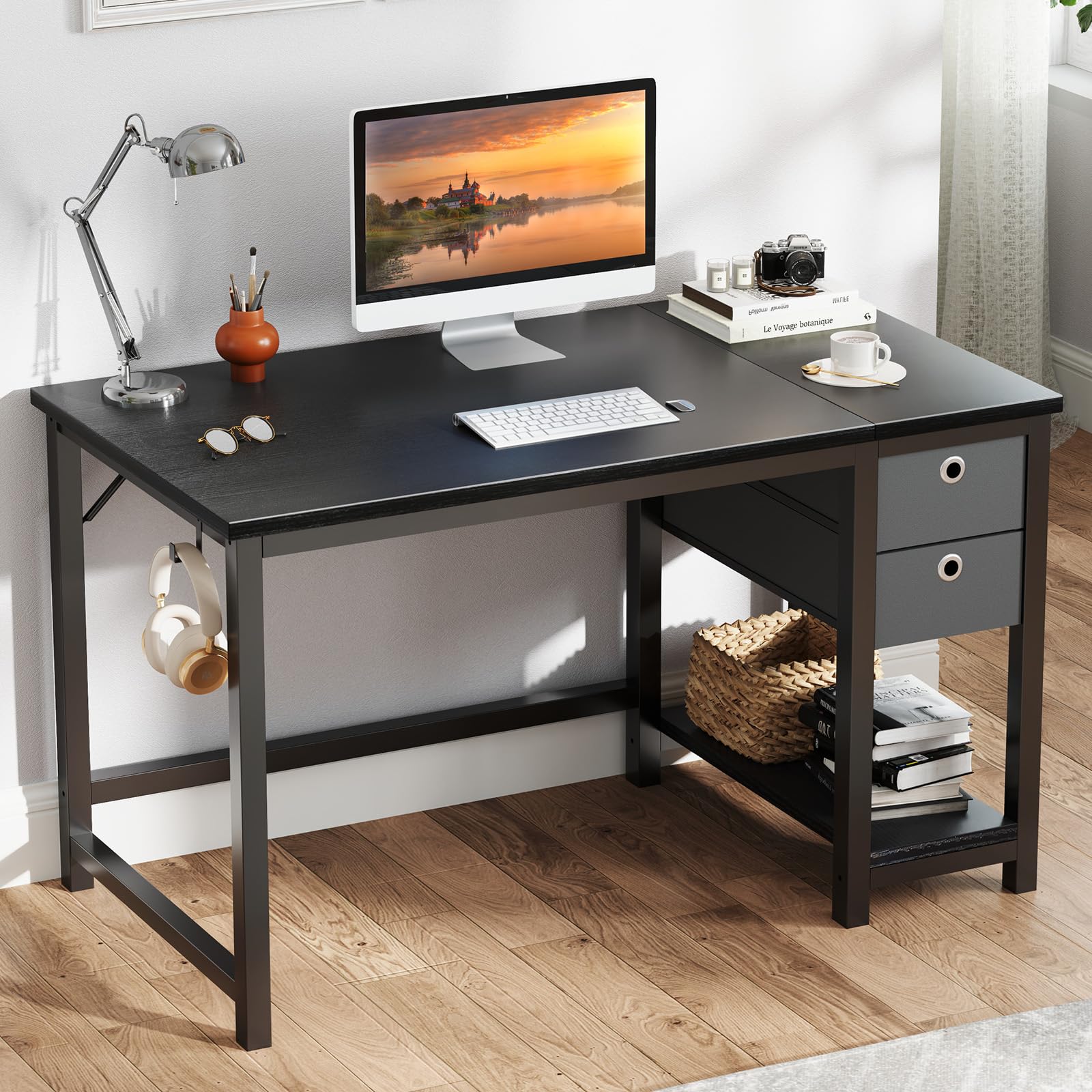 Modern Small Computer Desk with Storage Drawers - 40x24 Inch Home Office Writing Table, 2-Tier Drawer Study Desk for Bedroom Workspace, Black - Perfect for Home Office, Remote Work & Small Space Organization