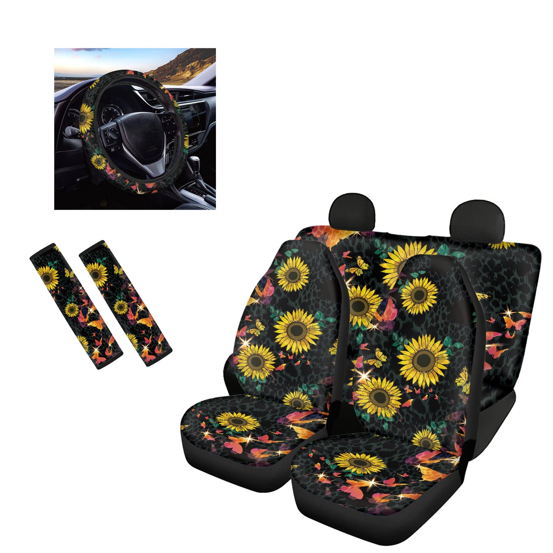 Sunflower Bling Butterfly Car Seat Protectors - Pack of 7 | Soft Steering Wheel Cover & Anti-Scratch Seatbelt Cushion Set for Sedans, Trucks, SUVs, Vans | Perfect for Road Trips, Commuting & Protecting Leather Seats