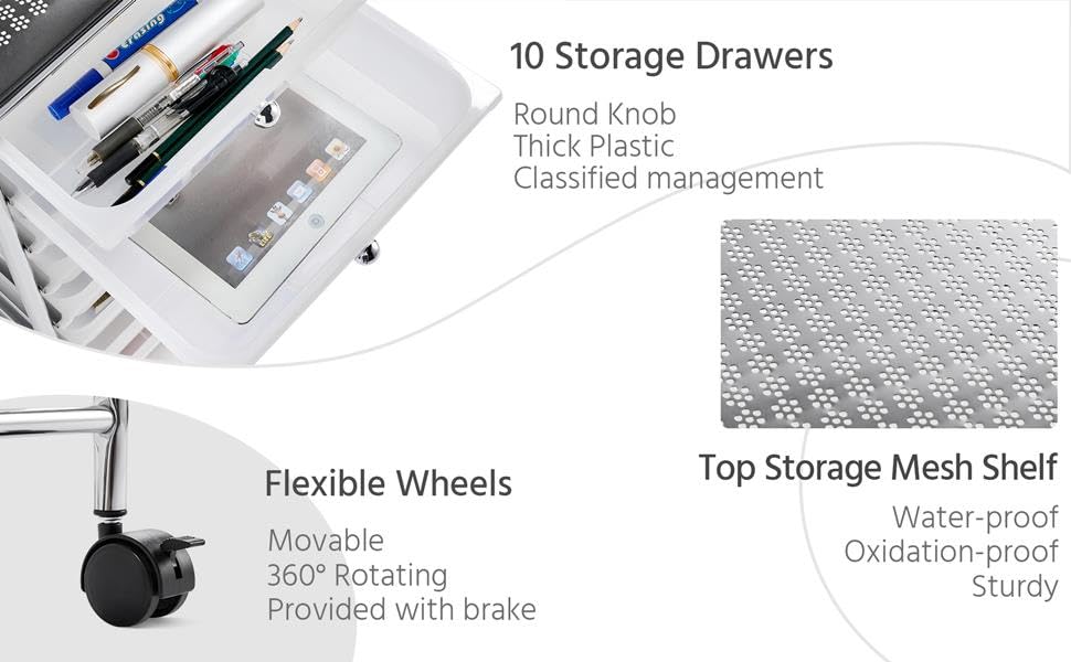 Yaheetech 10-Drawer Rolling Storage Cart - White Plastic Mobile Organizer with Wheels for Home, Office, School & Workshop | Perfect for Craft Supplies, Office Documents, Classroom Materials & Tool Storage