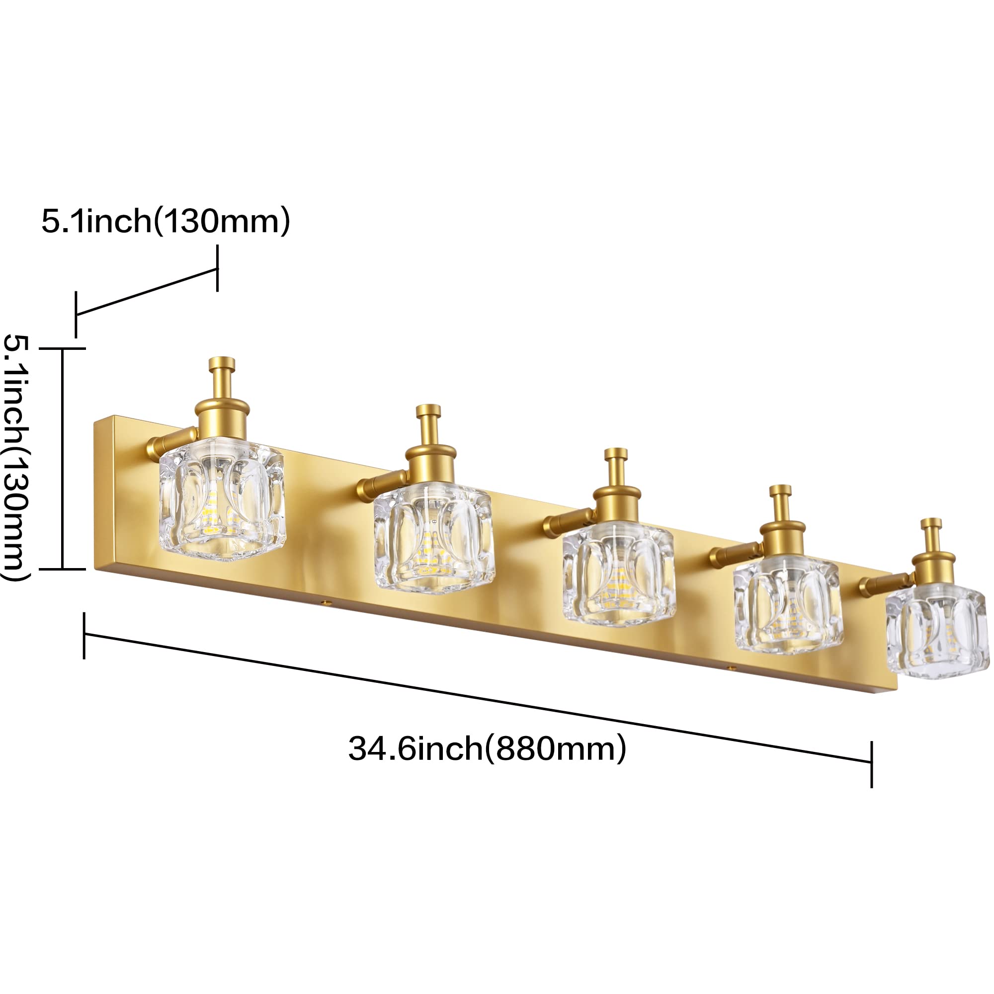 Modern Crystal Vanity Light Fixture - 5-Light Gold Bathroom Wall Sconce for Mirror Lighting, Elegant Bathroom Decor (Bulbs Not Included) - Perfect for Master Bath, Powder Room & Spa-Style Vanity Areas