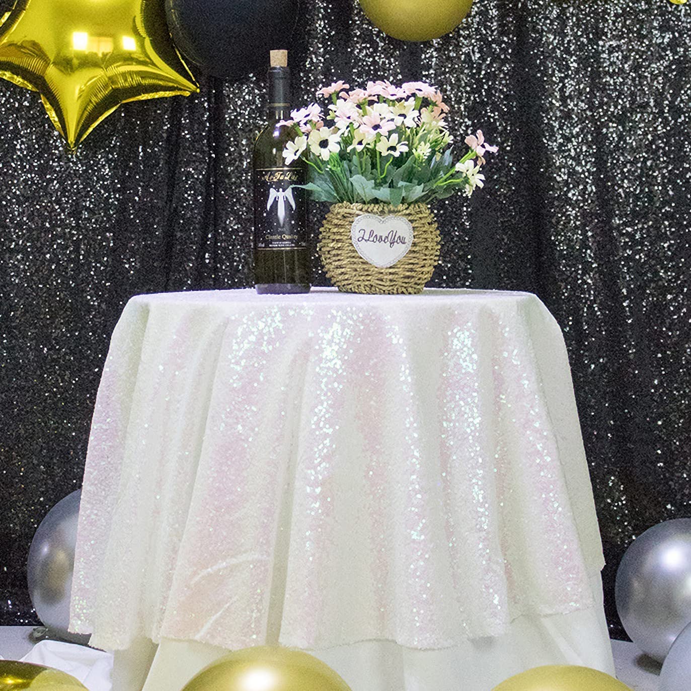 Iridescent Sequin Tablecloth 70 Inch Round - Sparkly Glitter Table Cover for Wedding, Bridal Shower, Birthday Party & Prom Decorations - Elegant Round Table Overlay for Special Events & Celebrations