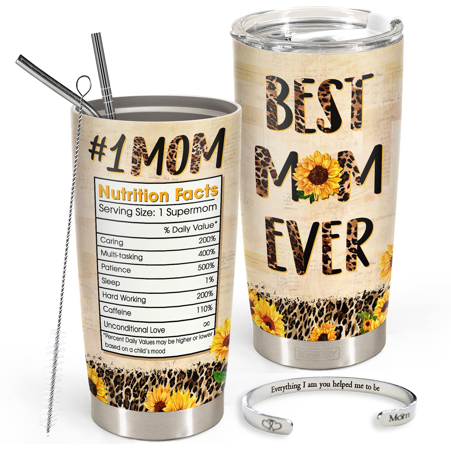 Best Mom Ever Gifts - 20oz Insulated Tumbler with Straw & Inspirational Bangle Bracelet Set - Perfect Birthday, Mother's Day, Christmas Gift from Daughter or Son - Thoughtful Present for Mom, Grandma, Wife - Great for Coffee, Tea & Daily Motivation