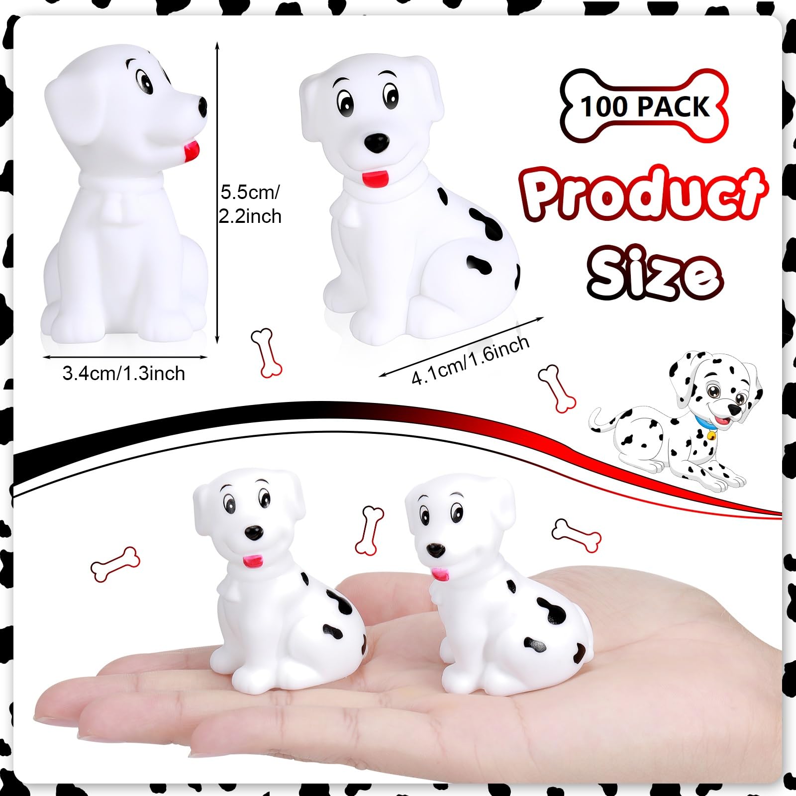 50 Pcs Mini Dalmatian Dog Bath Toys - Squeaky Floating Rubber Figures for Baby Showers, Birthday Parties, Cake Decorations & 100th Day of School Gifts (2.2 x 1.6 x 1.3 Inches) - Perfect for Bathtime Fun, Pool Parties & Sensory Play