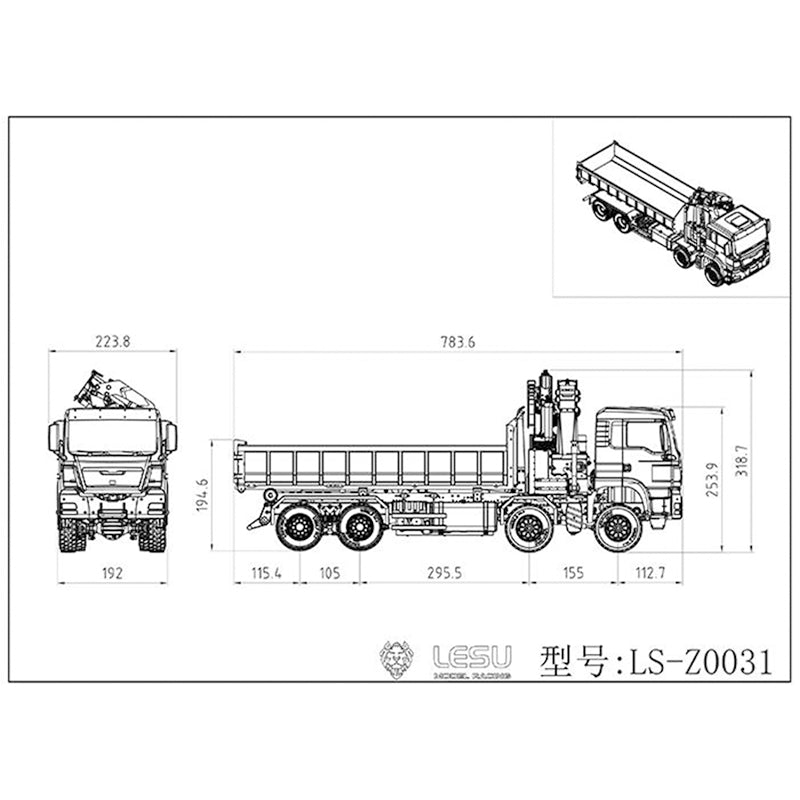 1/14 Scale LESU 8x8 Radio Controlled Hydraulic Dump Truck - Metal RC Construction Vehicle with Crane, ESC, Servo, Lights & Sound System - Perfect for Construction Site Play and Collectors