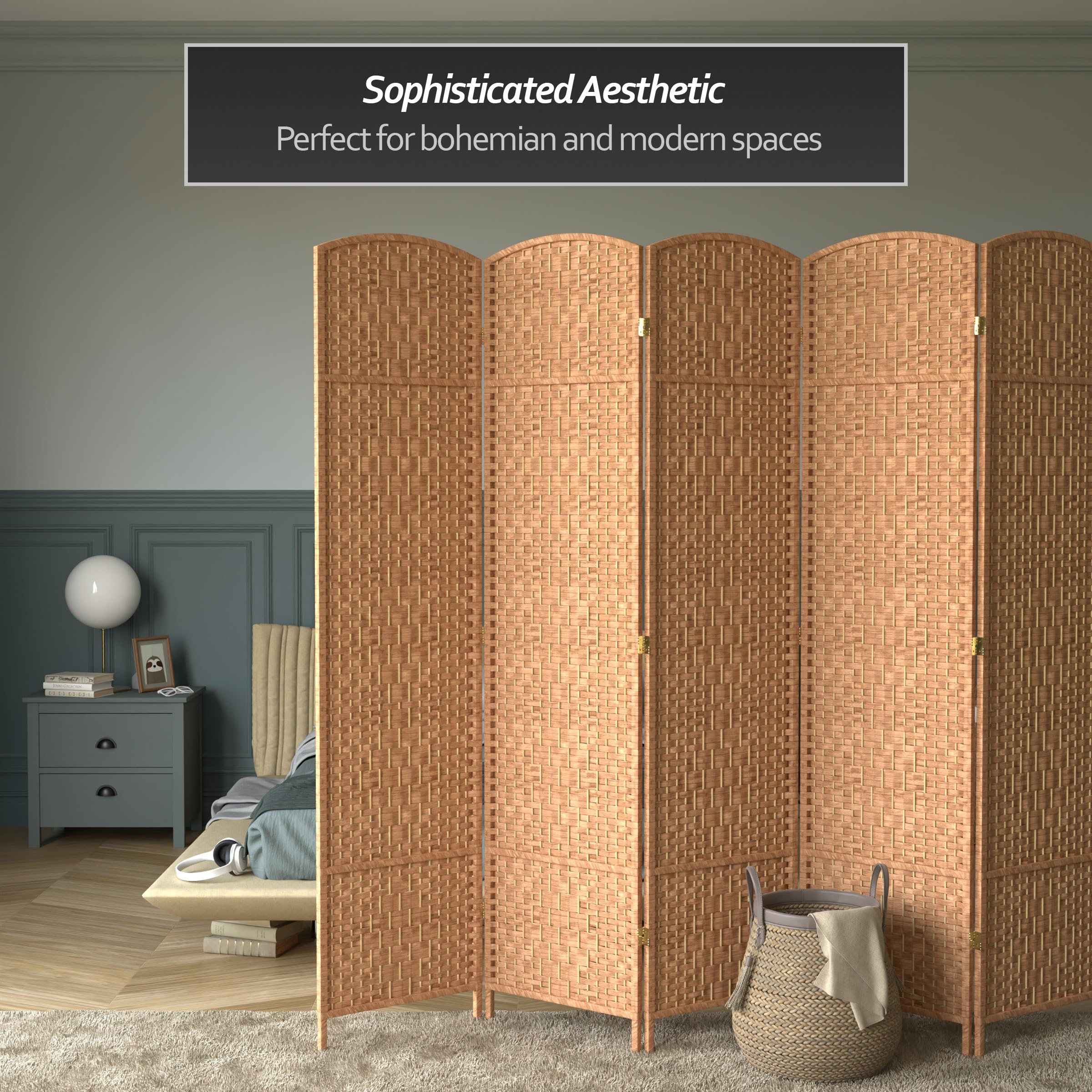 7 ft. Tall Red Diamond Weave Natural Bamboo Room Divider - 6 Panel Folding Privacy Screen for Home, Office & Outdoor Use