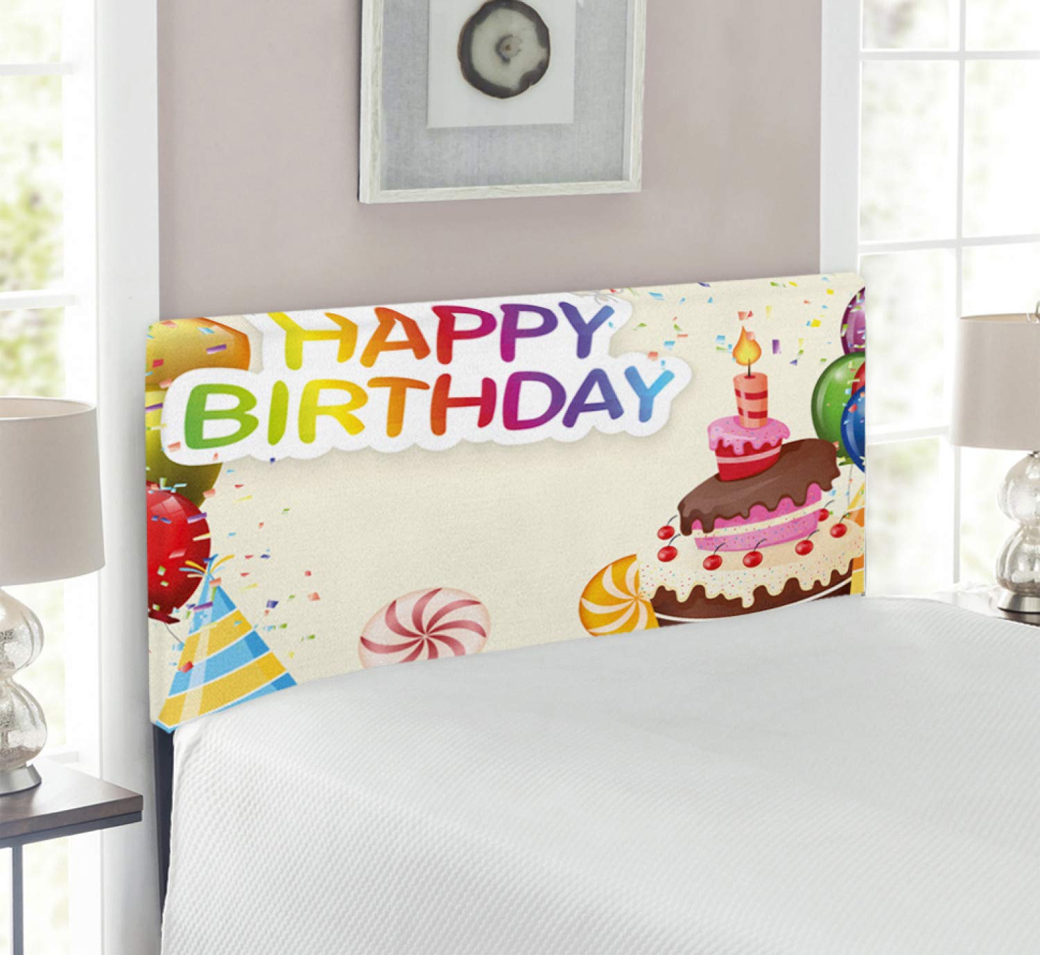 Ambesonne Twin Size Upholstered Decorative Metal Bed Headboard with Memory Foam - Colorful Birthday Theme Candies Cake Balloons Design - Perfect for Kids' Bedrooms, Dorm Decor & Party Room Setup