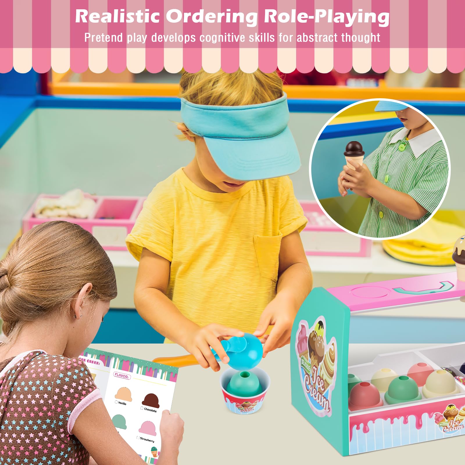 Kids Ice Cream Counter Playset - Pretend Play Ice Cream Shop Toys with Scoop & Serve Play Food - Fun Educational Toy for Toddler Girls & Boys Ages 3+ - Perfect for Birthday Gifts & Role Play Activities