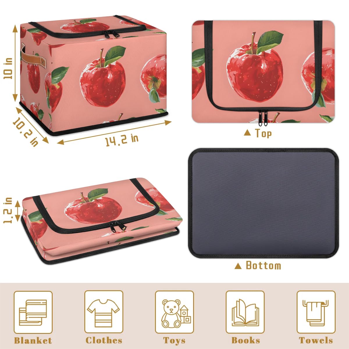 Red Apples Pattern Collapsible Stackable Storage Bins with Lids - Fabric Closet Organizer for Clothes, Toys, Blankets & Home Organization | Perfect for Bedroom, Nursery, Playroom & Dorm Storage Solutions