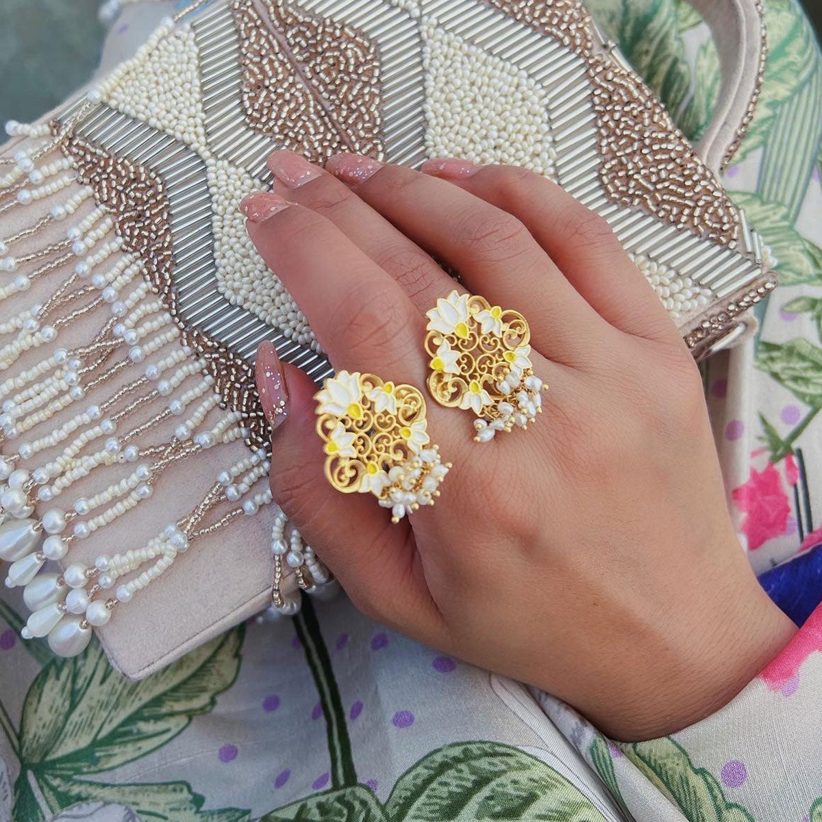 Elegant White Enamel Glory Lotus Open Ring - Boho Chic Jewelry for Women, Perfect for Weddings & Everyday Wear