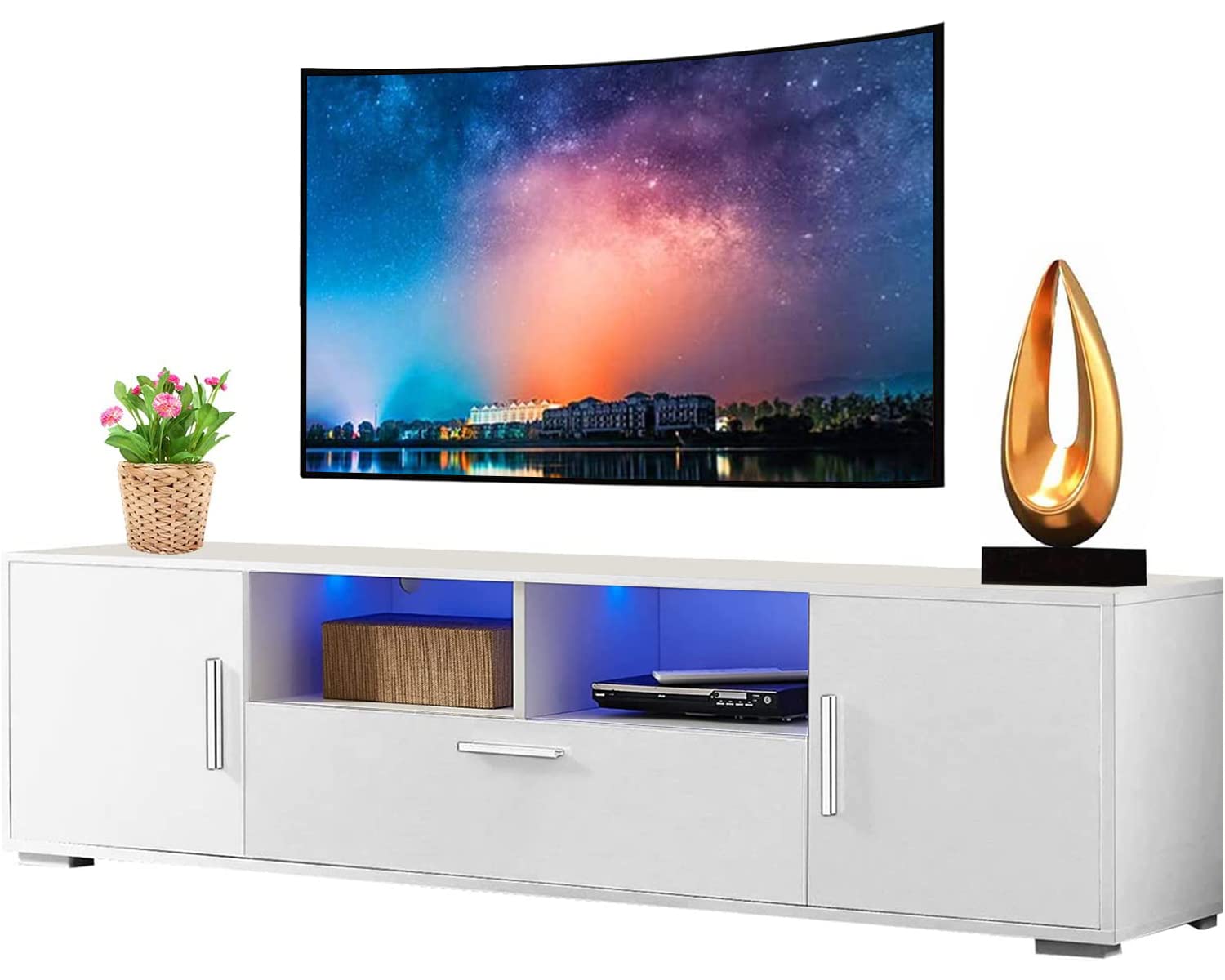 Modern LED TV Stand for 70-75 Inch TVs with Storage Drawer & Lights - Entertainment Center Media Console Table for 50/55/65 Inch TVs (White) - Perfect for Living Room, Gaming & Movie Nights
