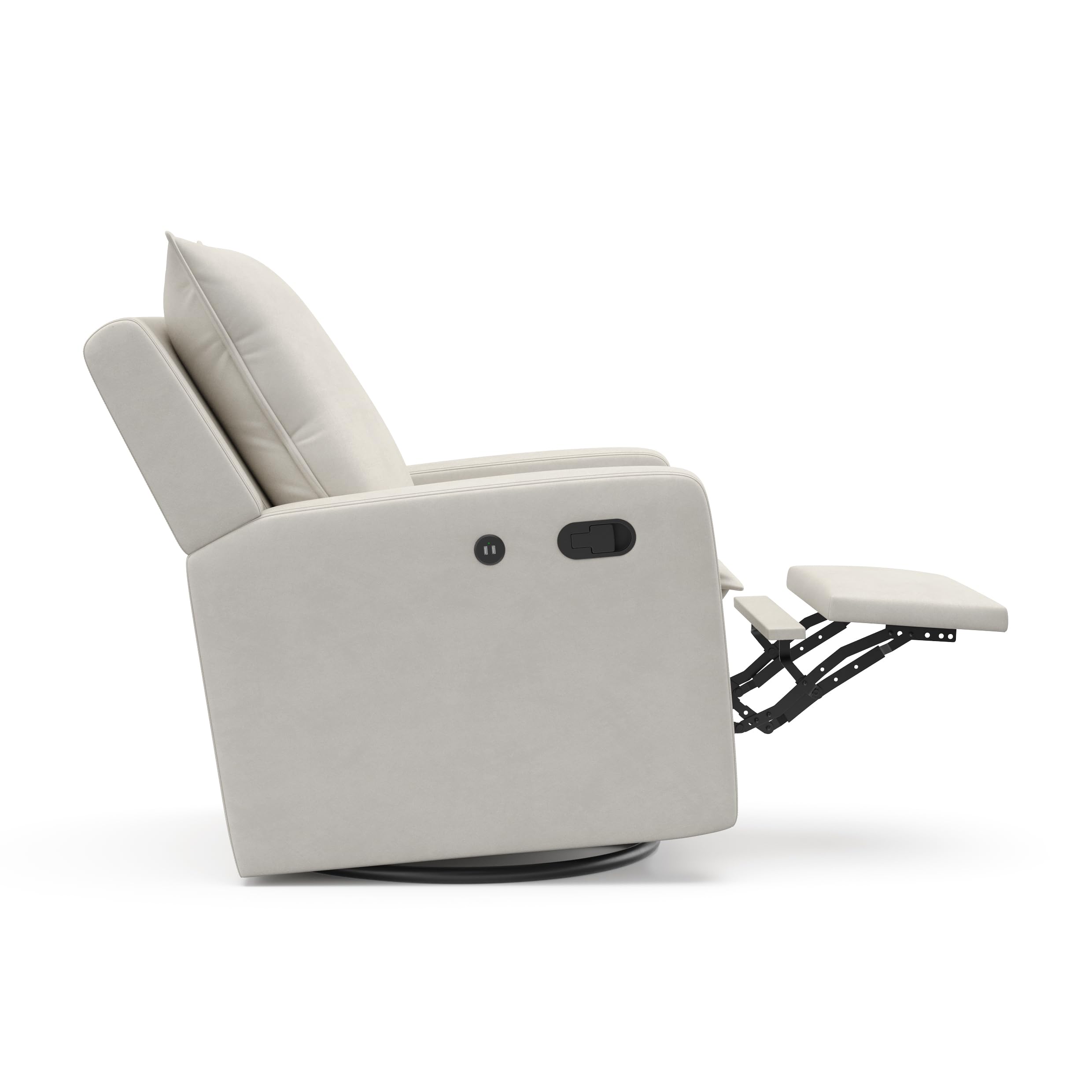 Storkcraft Timeless Reclining Glider Chair with USB Port - 360° Swivel Base, Extendable Footrest & Supportive Cushions, Ivory Fabric Upholstery for Nursery, Living Room & Relaxation
