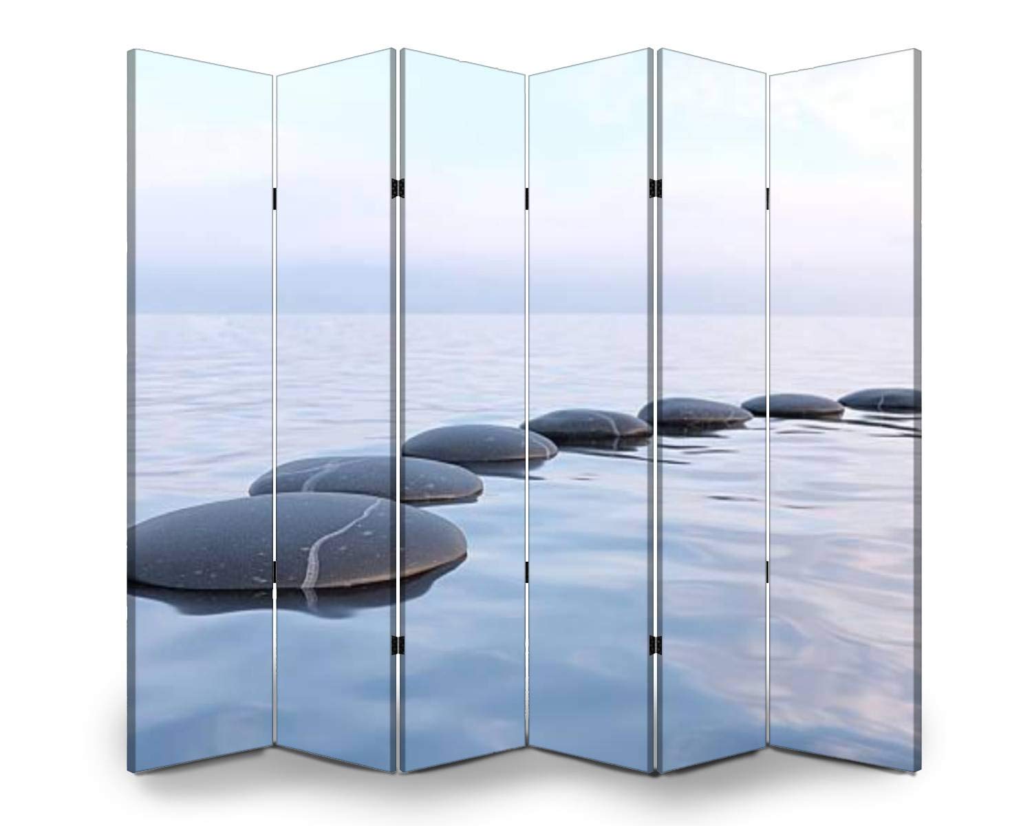 APED DECOR 6-Panel Wooden Room Divider with Zen Stones Water Design - Folding Privacy Screen, Dual-Sided Canvas Partition for Home & Office - Perfect for Living Rooms, Bedrooms, and Meditation Spaces