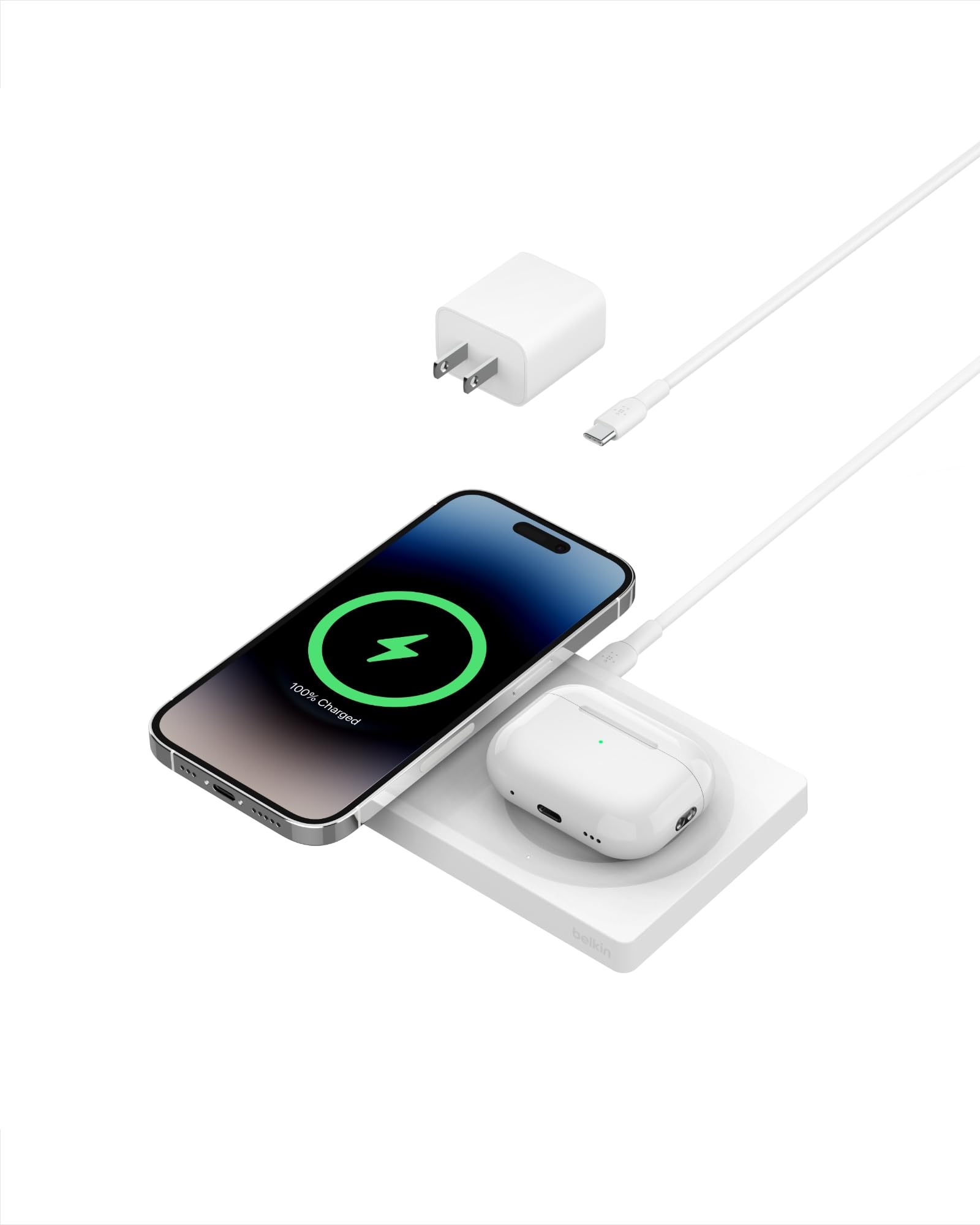 Belkin 2-in-1 MagSafe Wireless Charging Pad 15W Fast Charger - Compatible with iPhone 16/15/14/13 Series, AirPods & MagSafe Devices - White | Perfect for Bedside, Office & Travel Charging Station