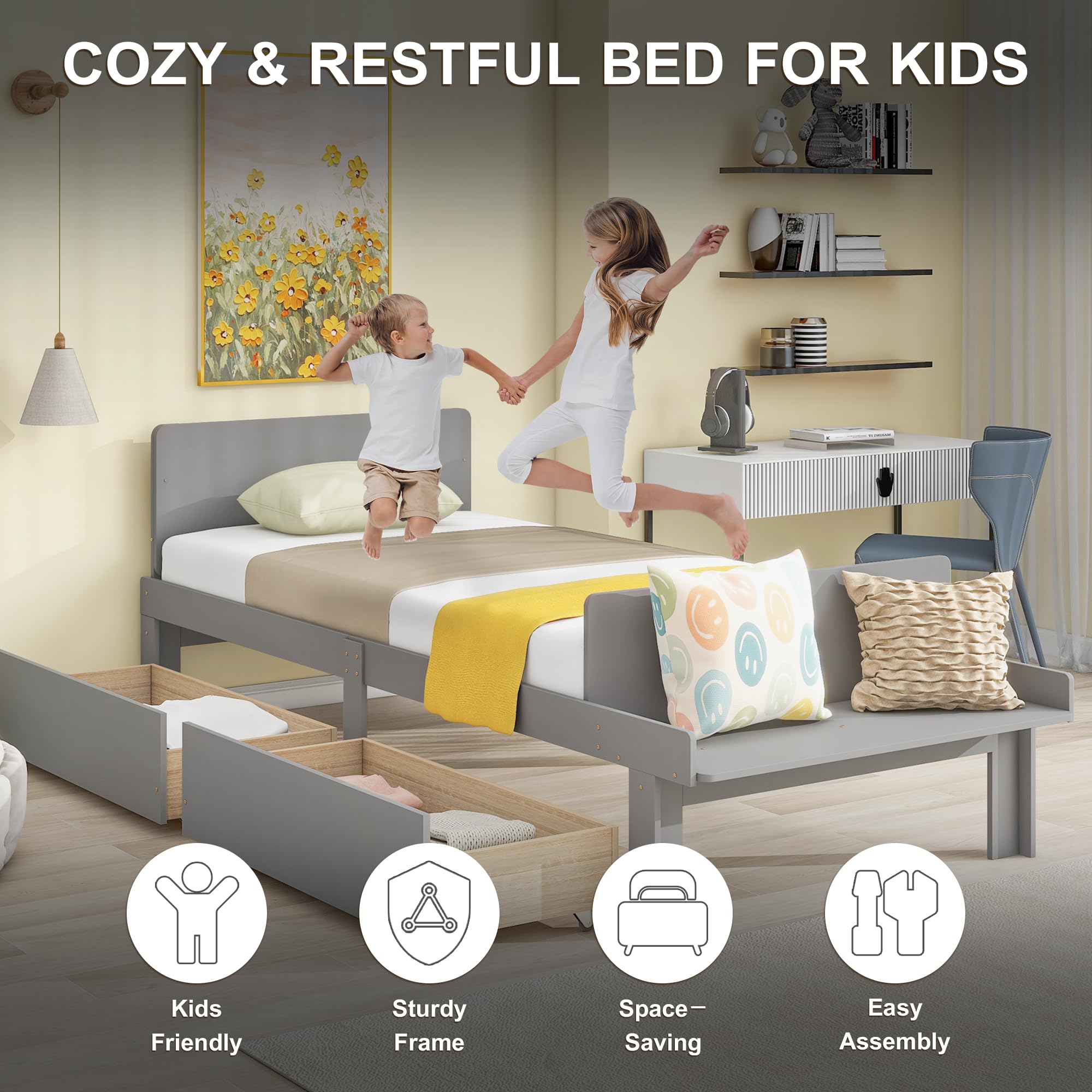Dolonm Twin Bed Frame with Storage for Kids - Sturdy Pine Wood, No Box Spring Needed, Perfect for Small Bedrooms